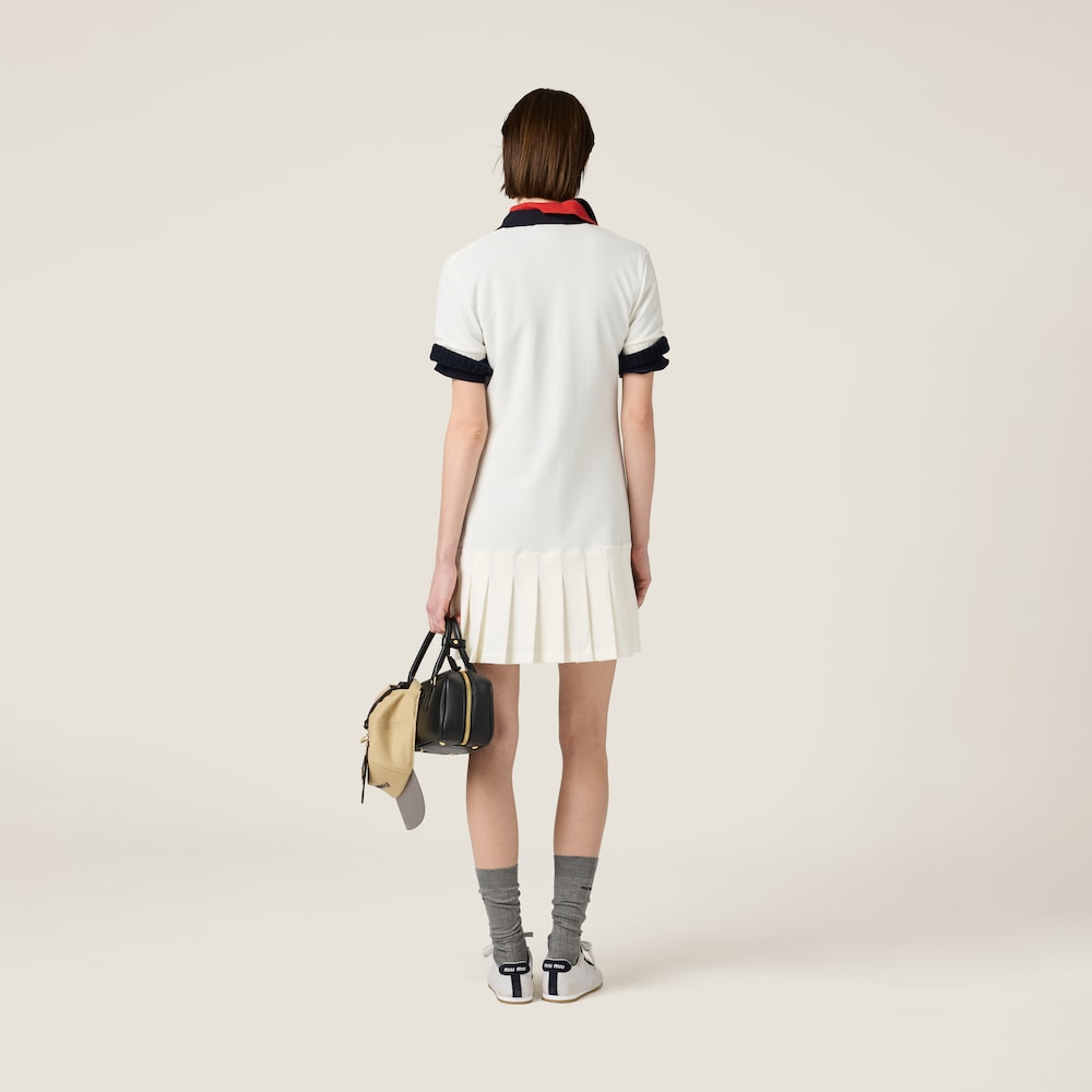 Pleated cotton piqué mini-dress