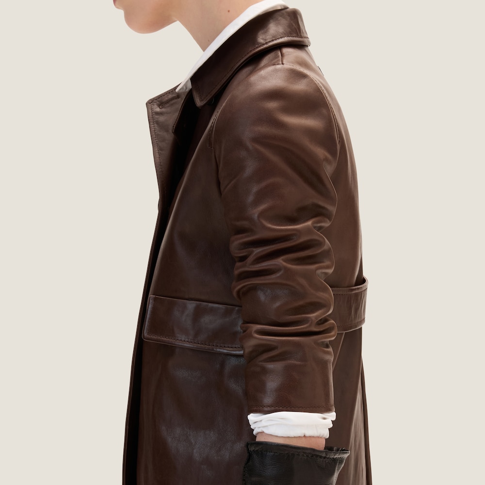 Double-breasted leather coat
