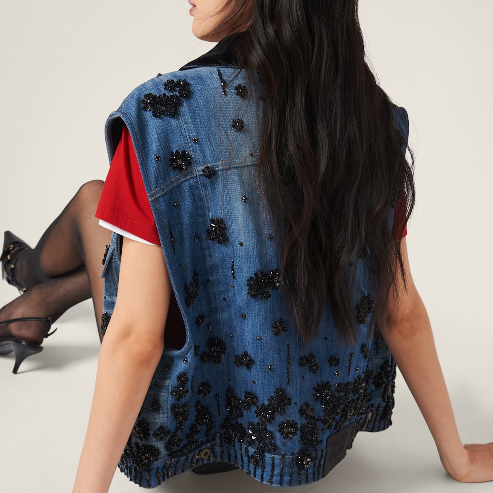 Embellished denim trucker vest