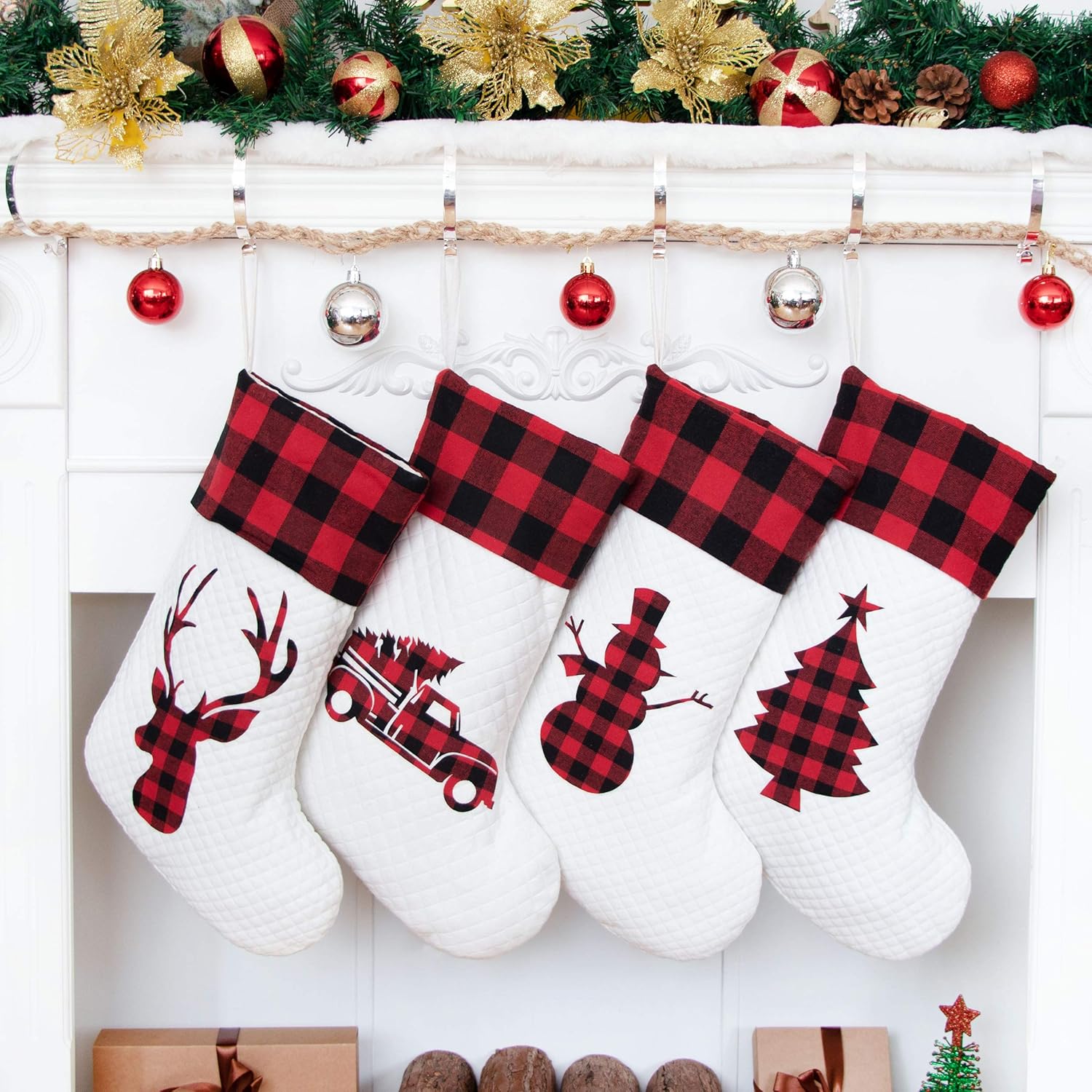 LUBOT Set of 8 Christmas Stocking(20inch) Silhouette Buffalo Red Plaid/Rustic/Farmhouse/Country Cotton Fireplace Hanging Xmas Stockings Decorations for Family Holiday Season Decor