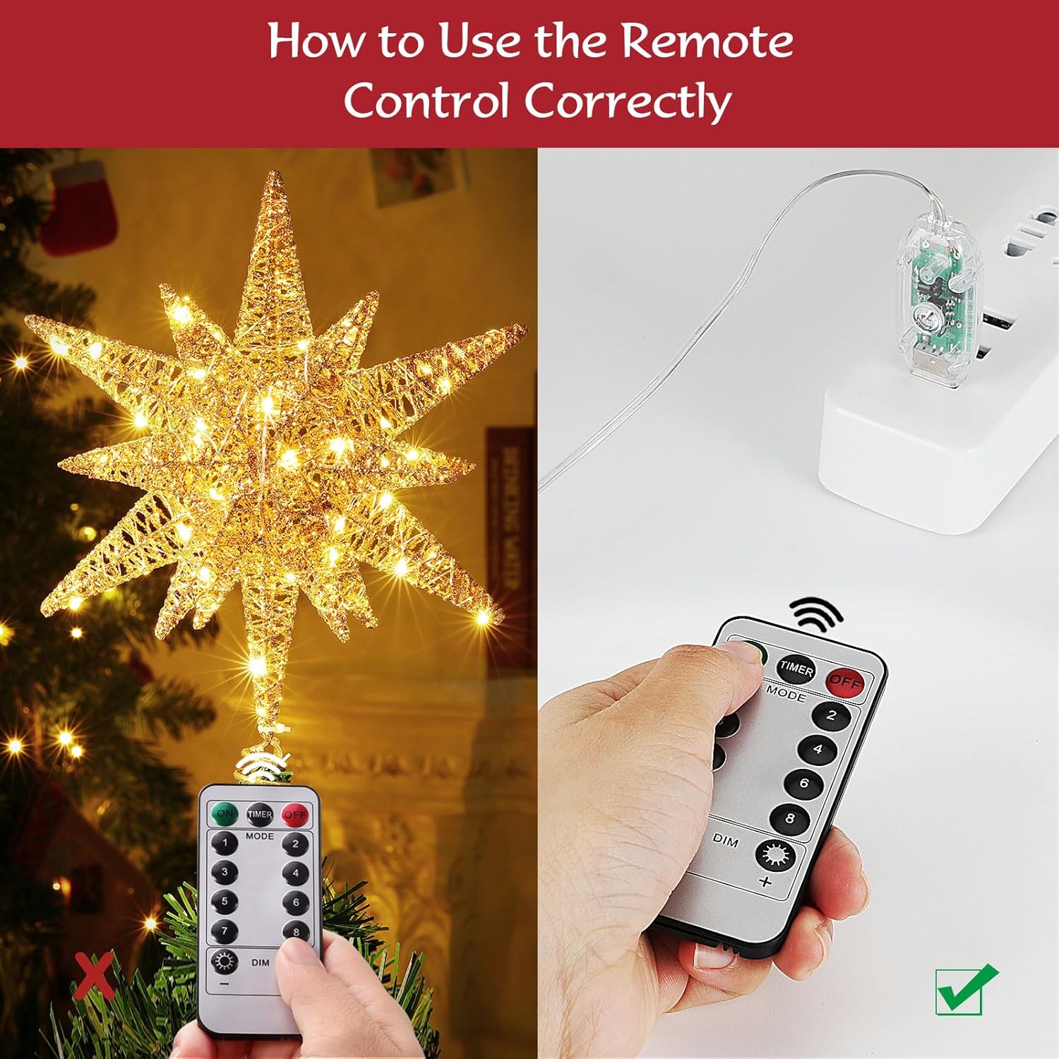 Roylvan Christmas Star Tree Topper with 8 Lighting Modes, USB Lighted Tree Topper with 20 LED Lights, Shiny Treetop Christmas Tree Decoration for Indoor Outdoor Holiday Home Ornament Gift, 9.8 Inch(H)