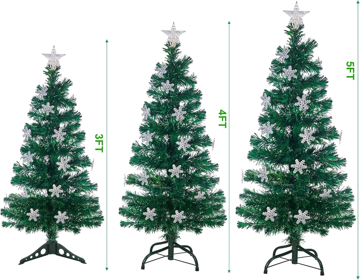 Juegoal 6 ft Pre-Lit Optical Fiber Christmas Artificial Tree, RGB Color Changing LED Lights, Snowflakes & Top Star, Fake Xmas Tree with Metal Legs