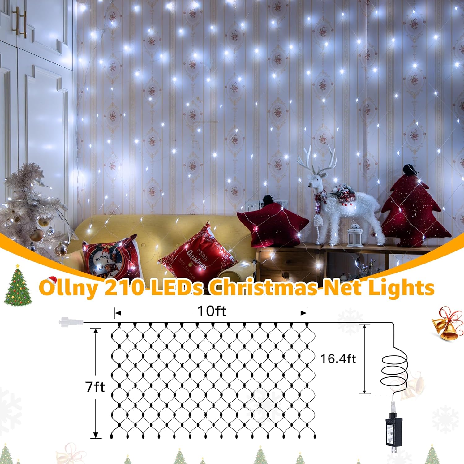 Ollny Net Lights Outdoor Mesh Light 10x7ft, 210LED Clear Wire Connectable Christmas Net Lights with 8 Modes, IP67 Waterproof Bush Light for Tree Wall Ceiling Outside Decorations, Warm White