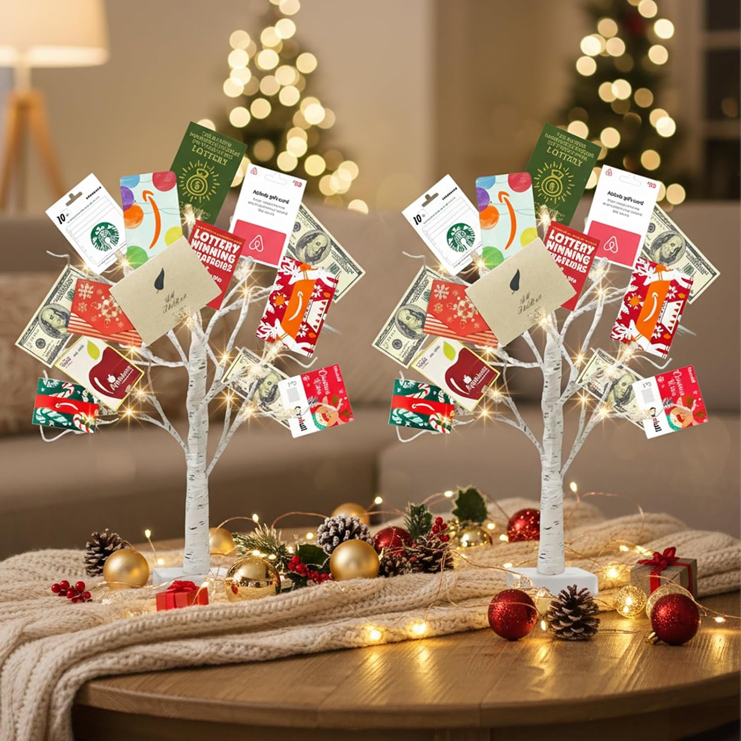 EAMBRITE Home Decorations Light Up White Birch Tree Indoor Christmas Decor, 4 Pack Battery Operated/USB Lighted Tabletop Money Tree Lamp Led Lights Xmas Wedding Centerpiece Table Room (2 Ft)