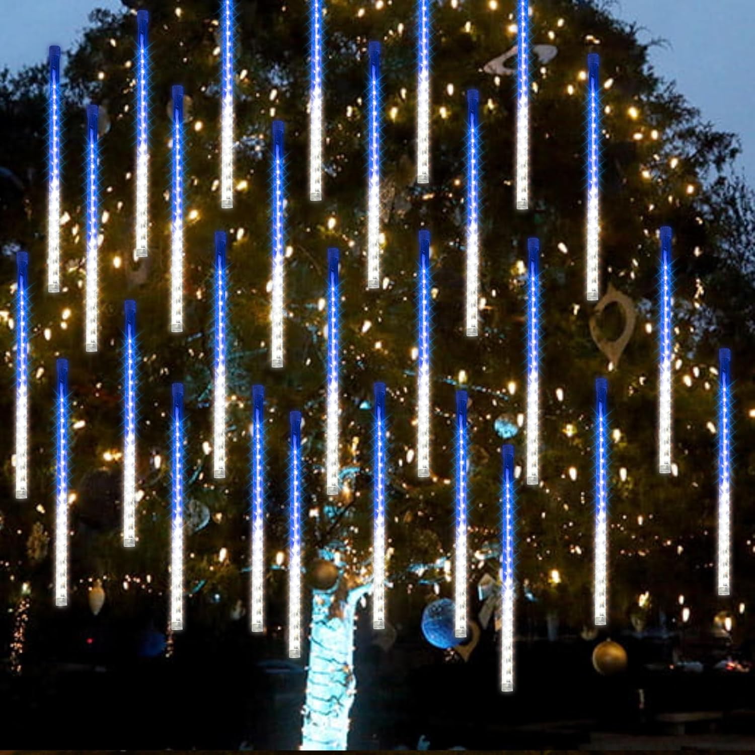 Dazzle Bright 864LED Christmas Light, Meteor Shower Rain Lights 11.8 Inch 24 Tubes, Waterproof Plug in Falling Rain Lights Christmas Decorations for Xmas Bushes Tree Yard Party (Blue)