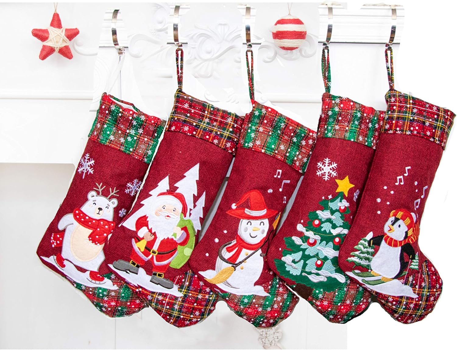 LUBOT Set of 8 Christmas Stocking(20inch) Silhouette Buffalo Red Plaid/Rustic/Farmhouse/Country Cotton Fireplace Hanging Xmas Stockings Decorations for Family Holiday Season Decor