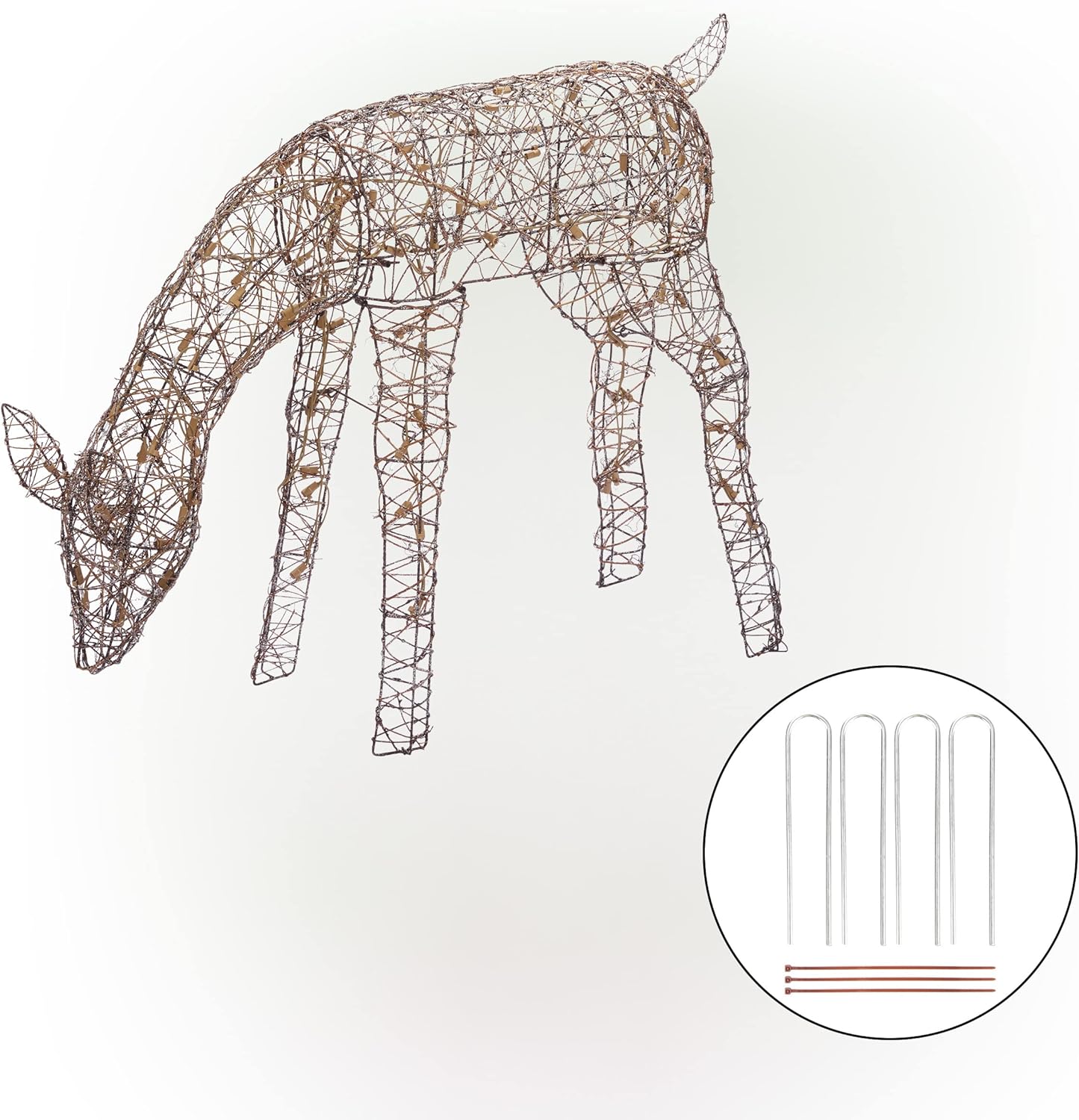 Alpine Corporation 24 Tall Outdoor Rattan Grazing Reindeer Lawn Decoration with White LED Lights, Christmas Yard Decor, Holiday Garden Display