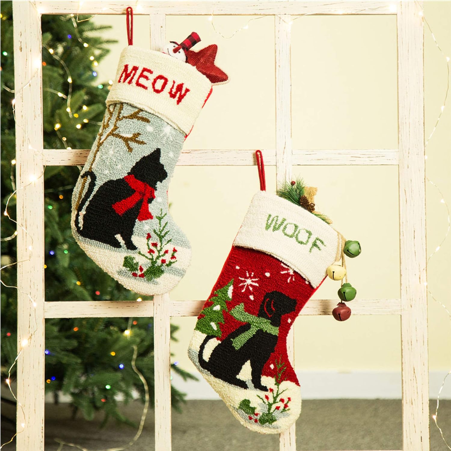 Glitzhome 19 L Handmade Hooked Dog Christmas Stocking for Family Holiday Season Party Decor