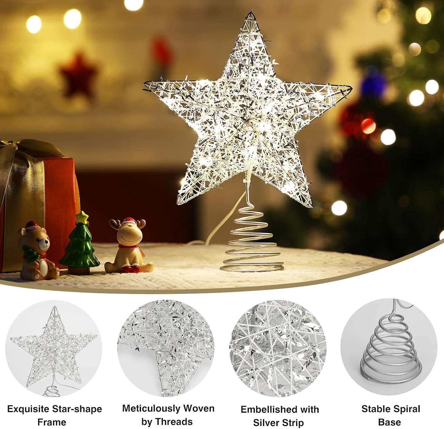 Roylvan Christmas Star Tree Topper with 8 Lighting Modes, USB Lighted Tree Topper with 20 LED Lights, Shiny Treetop Christmas Tree Decoration for Indoor Outdoor Holiday Home Ornament Gift, 9.8 Inch(H)