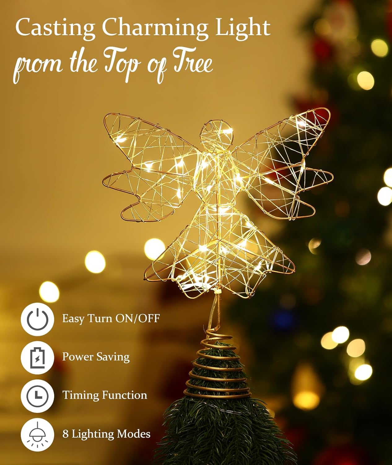 Roylvan Christmas Star Tree Topper with 8 Lighting Modes, USB Lighted Tree Topper with 20 LED Lights, Shiny Treetop Christmas Tree Decoration for Indoor Outdoor Holiday Home Ornament Gift, 9.8 Inch(H)