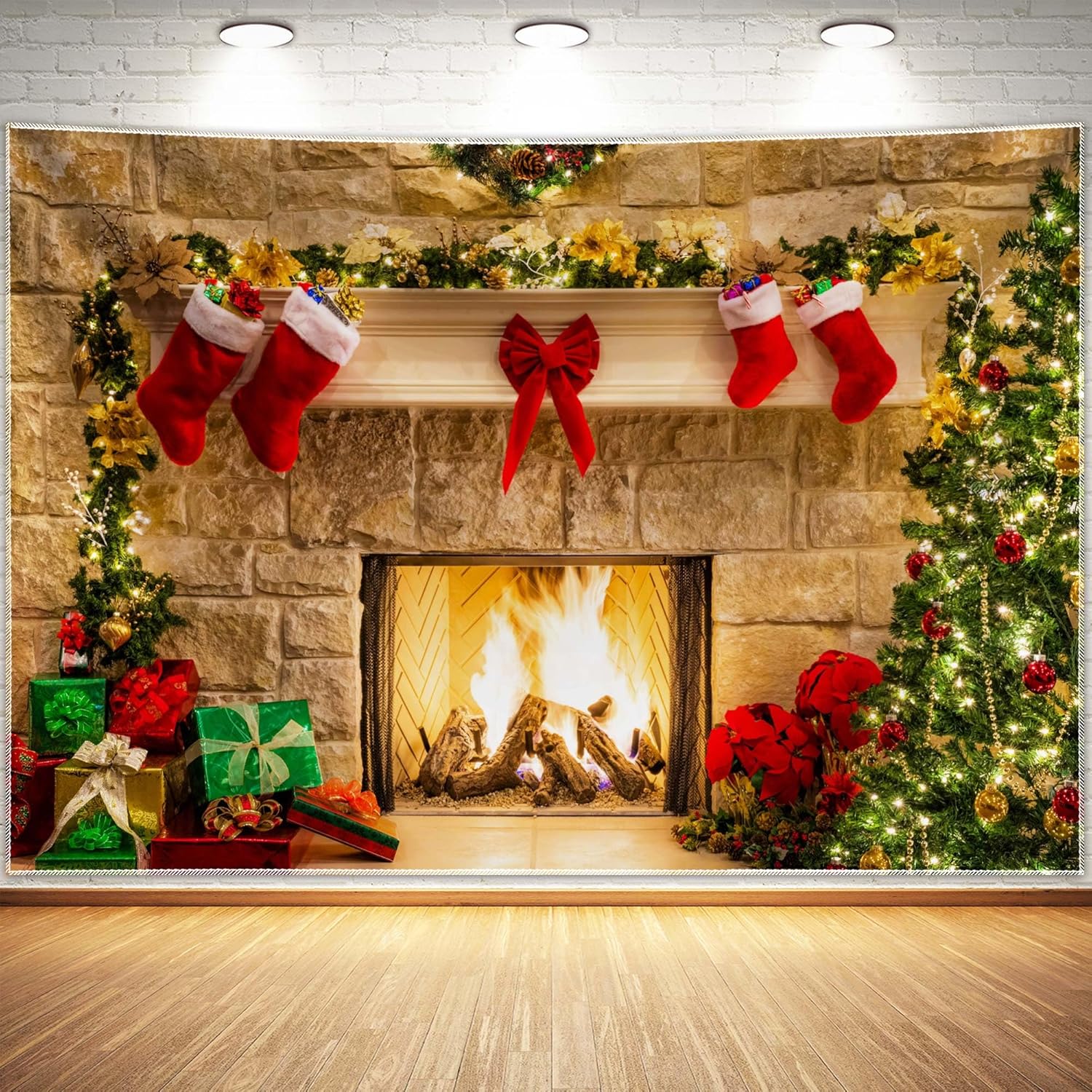 Christmas Fireplace Theme Backdrop for Photography Soft Wrinkle Free Fabric Tree Sock Decorations for Xmas Party Supplies Photo Background Pictures Banner Studio Decor Booth Props