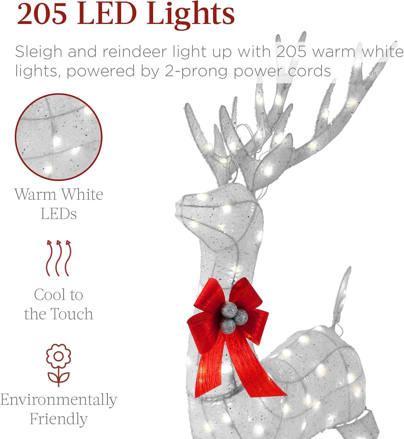 Best Choice Products Lighted Christmas 4ft Reindeer & Sleigh Holiday Outdoor Yard Decoration Set w/ 205 LED Lights, Stakes, Zip Ties - Gold