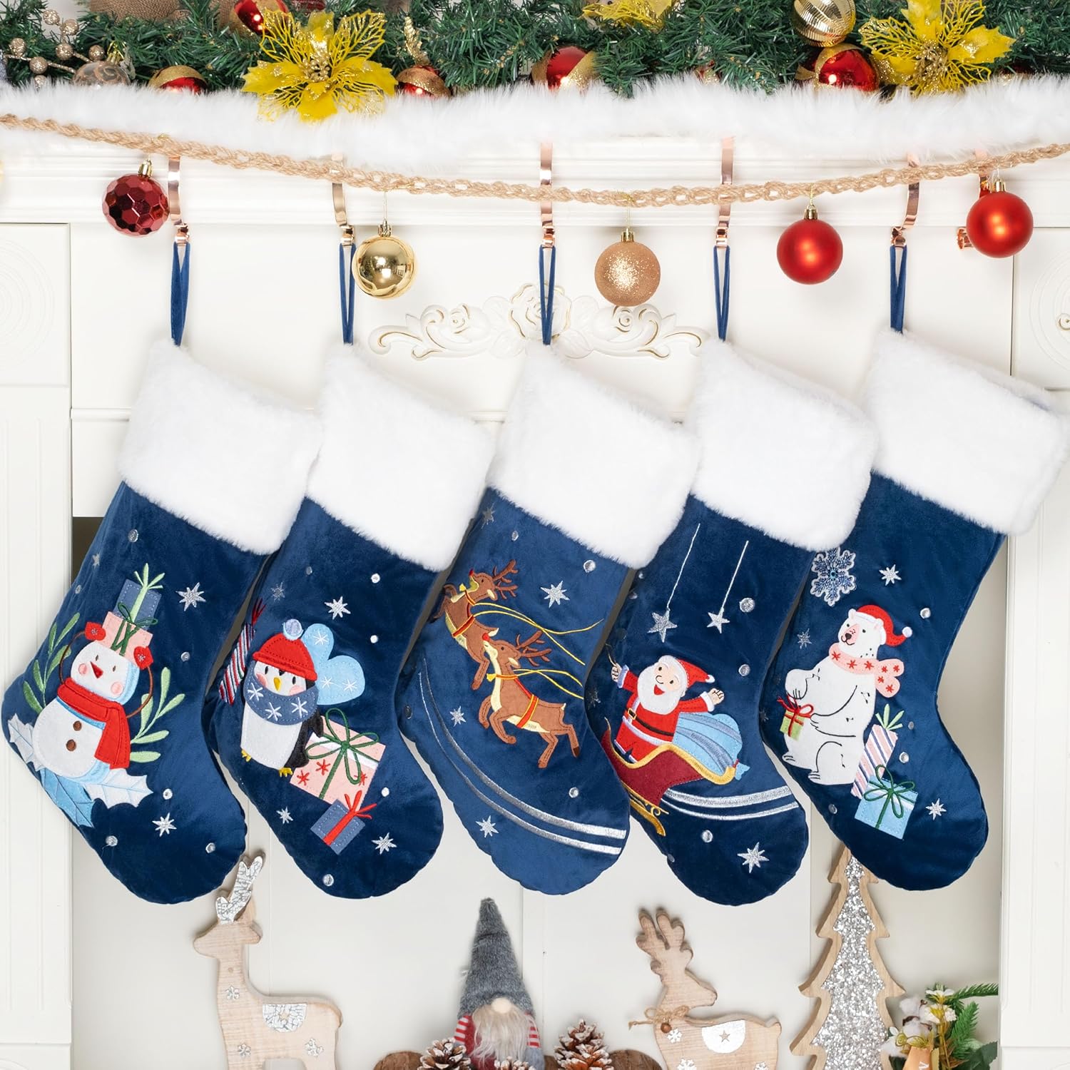 LUBOT Set of 8 Christmas Stocking(20inch) Silhouette Buffalo Red Plaid/Rustic/Farmhouse/Country Cotton Fireplace Hanging Xmas Stockings Decorations for Family Holiday Season Decor