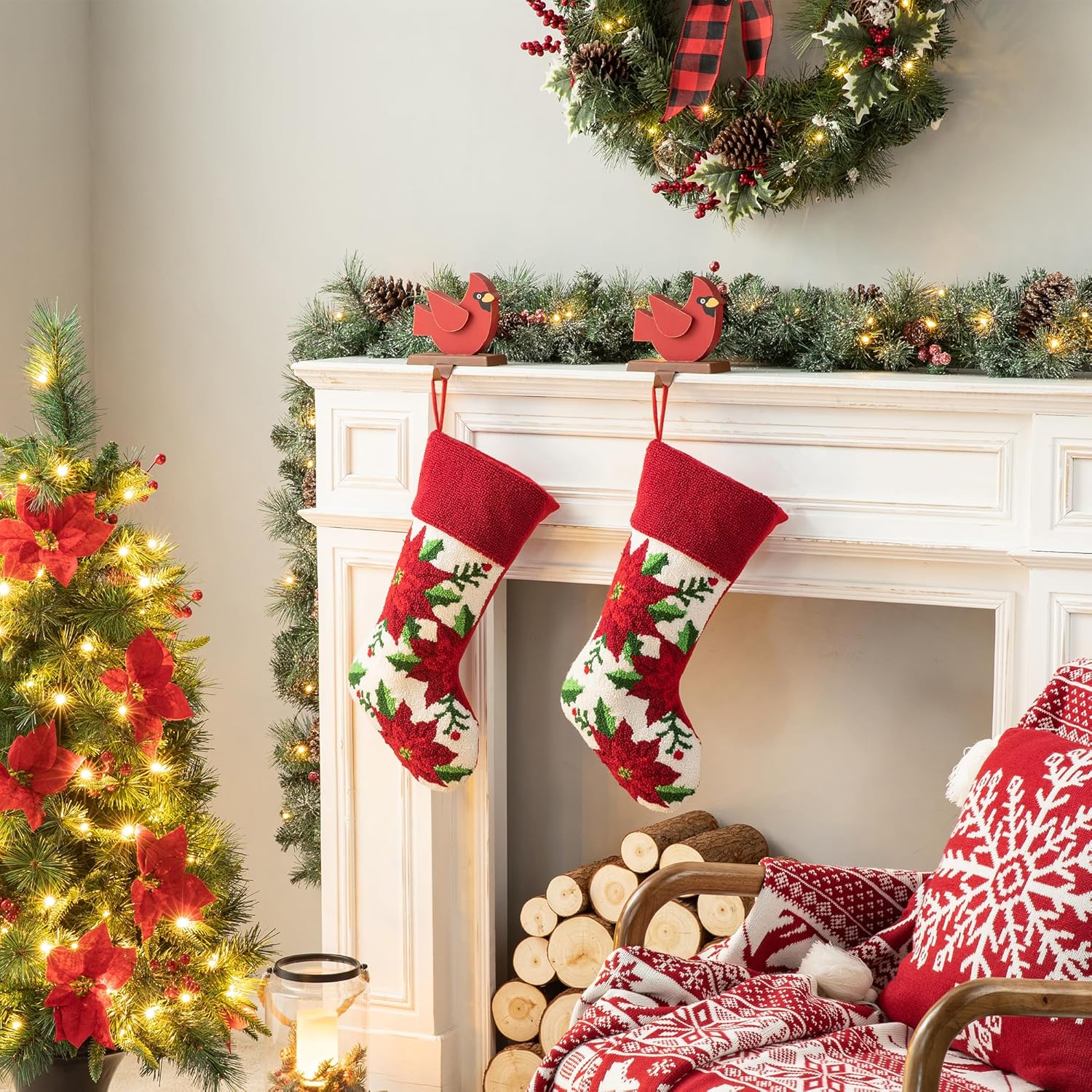 Glitzhome 19 L Handmade Hooked Dog Christmas Stocking for Family Holiday Season Party Decor