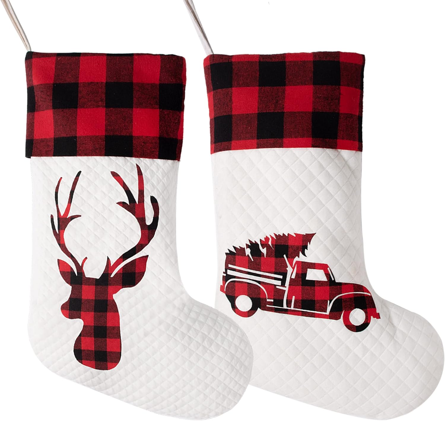 LUBOT Set of 8 Christmas Stocking(20inch) Silhouette Buffalo Red Plaid/Rustic/Farmhouse/Country Cotton Fireplace Hanging Xmas Stockings Decorations for Family Holiday Season Decor