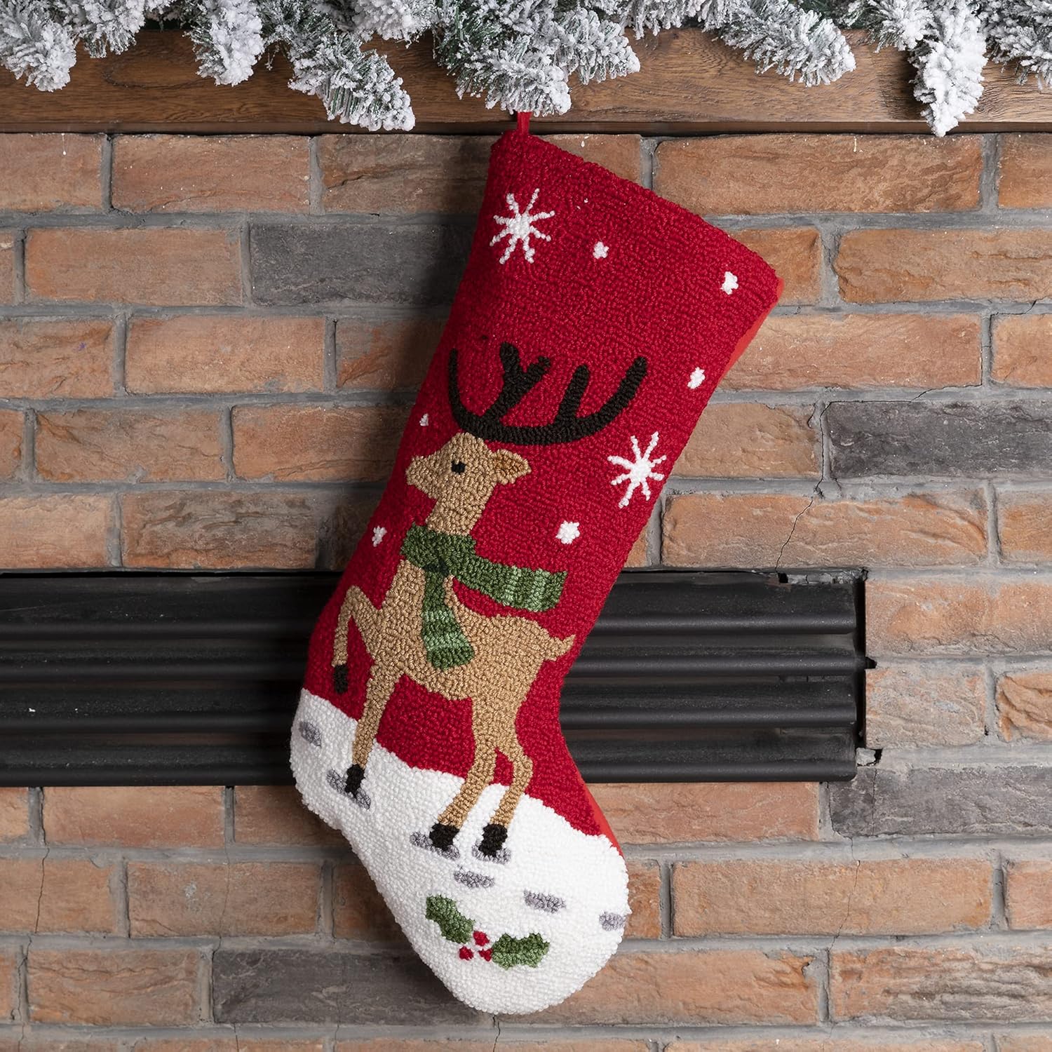 Glitzhome 19 L Handmade Hooked Dog Christmas Stocking for Family Holiday Season Party Decor