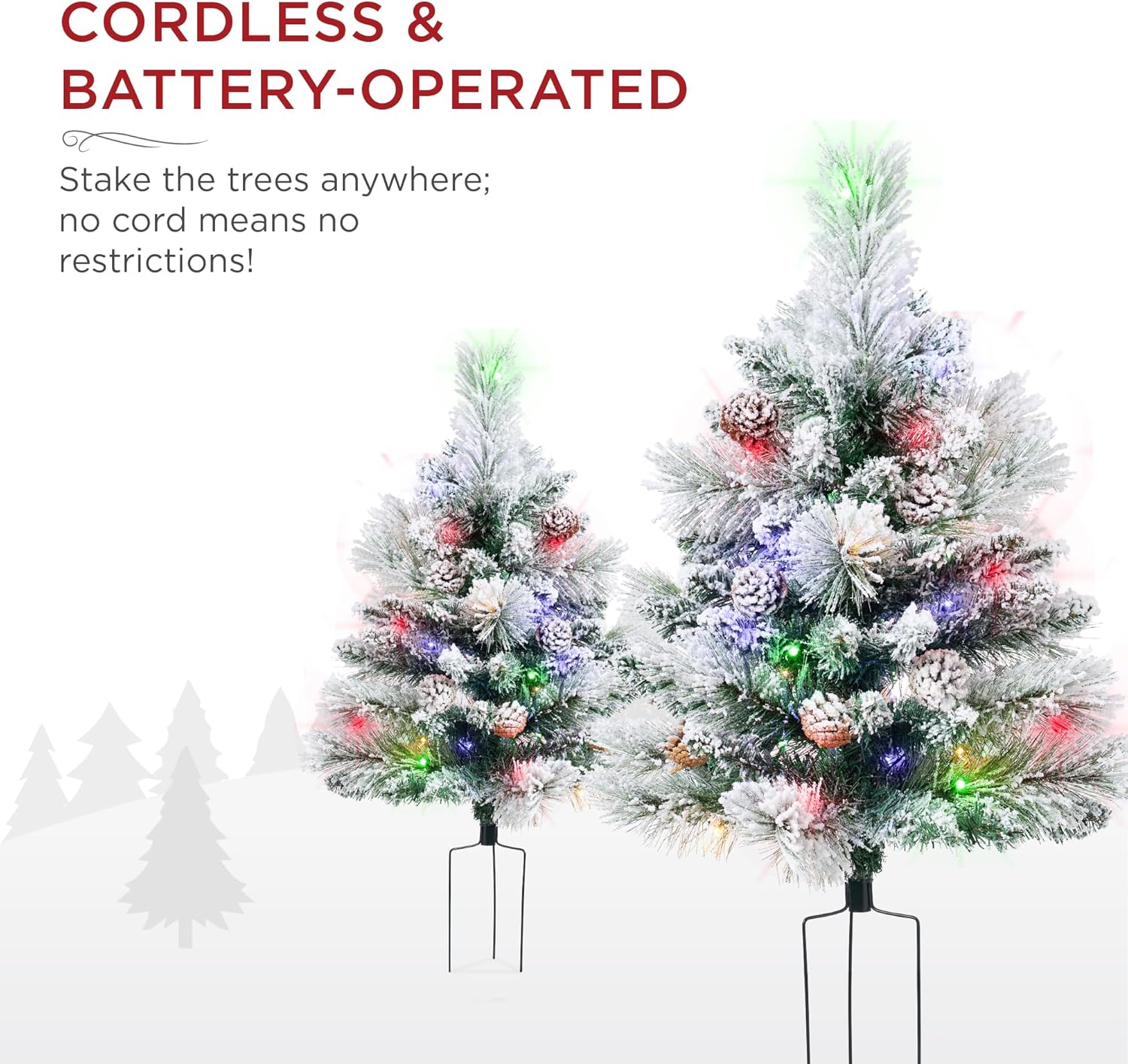 Best Choice Products Set of 2 24.5in Outdoor Pathway Christmas Trees, Battery Operated Pre-Lit Holiday Décor w/LED Lights, Red Berries, Pine Cones