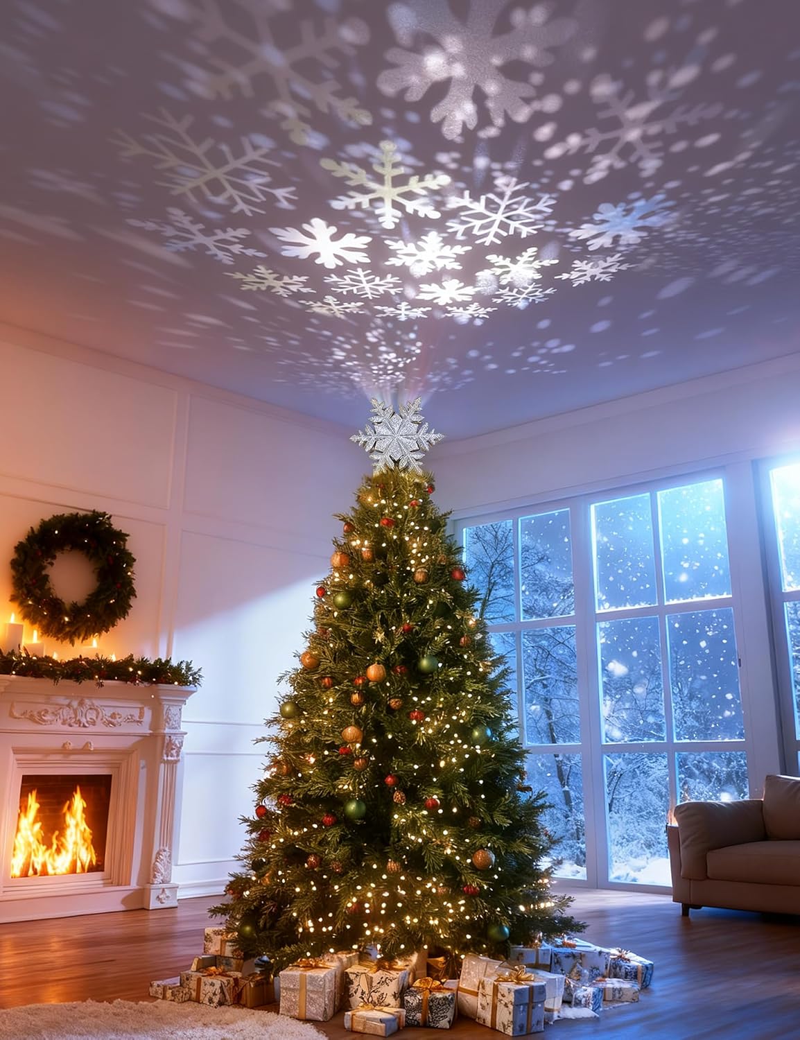 DG-Direct Christmas Tree Topper Lighted with Golden Snowflake Projector, Led Rotating Magic Snowflake, 3D Hollow Glitter Lighted Gold Snow Tree Topper for Christmas Tree Decorations