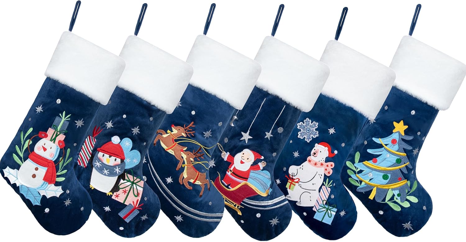 LUBOT Set of 8 Christmas Stocking(20inch) Silhouette Buffalo Red Plaid/Rustic/Farmhouse/Country Cotton Fireplace Hanging Xmas Stockings Decorations for Family Holiday Season Decor