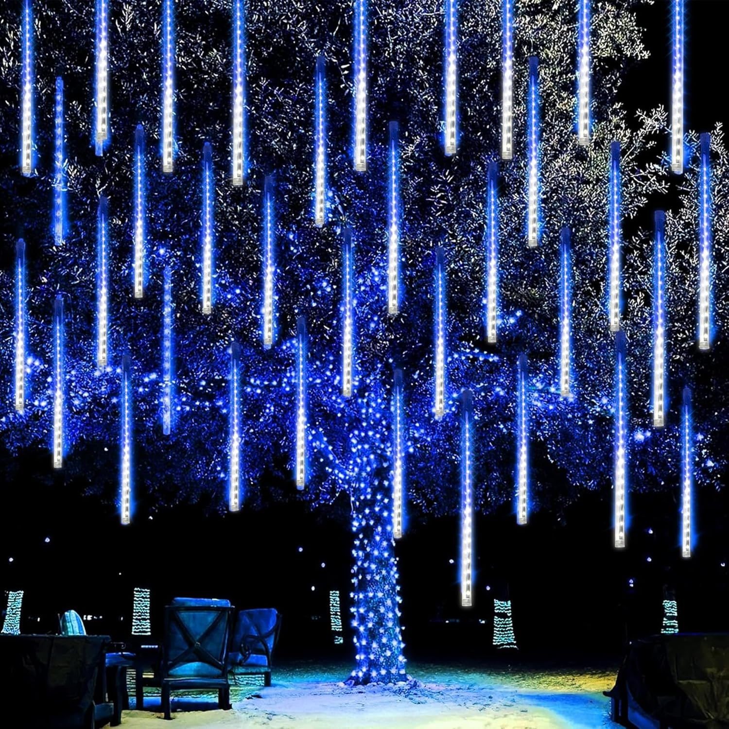 Dazzle Bright 864LED Christmas Light, Meteor Shower Rain Lights 11.8 Inch 24 Tubes, Waterproof Plug in Falling Rain Lights Christmas Decorations for Xmas Bushes Tree Yard Party (Blue)