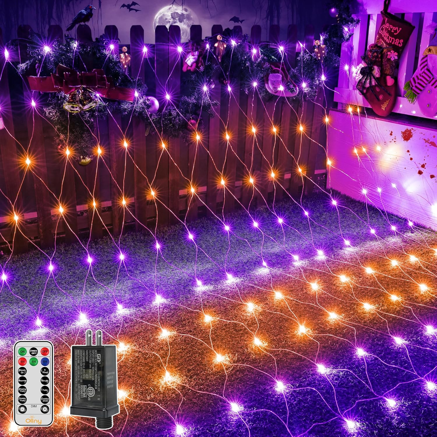 Ollny Net Lights Outdoor Mesh Light 10x7ft, 210LED Clear Wire Connectable Christmas Net Lights with 8 Modes, IP67 Waterproof Bush Light for Tree Wall Ceiling Outside Decorations, Warm White