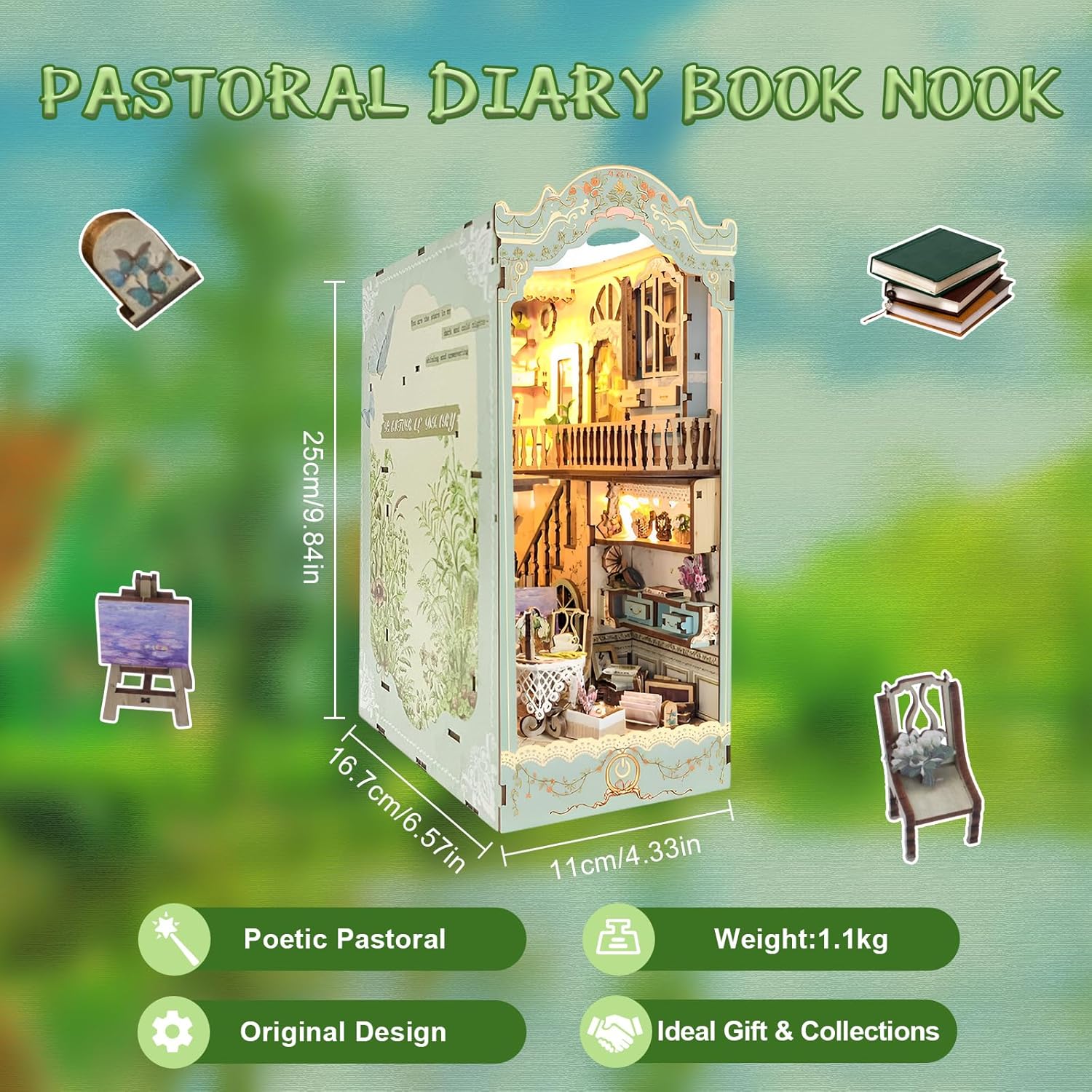 CRIOLPO Book Nook Kit - DIY Doll House Booknook, Book Nook Miniature Kit for Bookshelf Doll Houses for Adults Teen Halloween, 3D Wooden Puzzle Bookends with Sensor Led Light