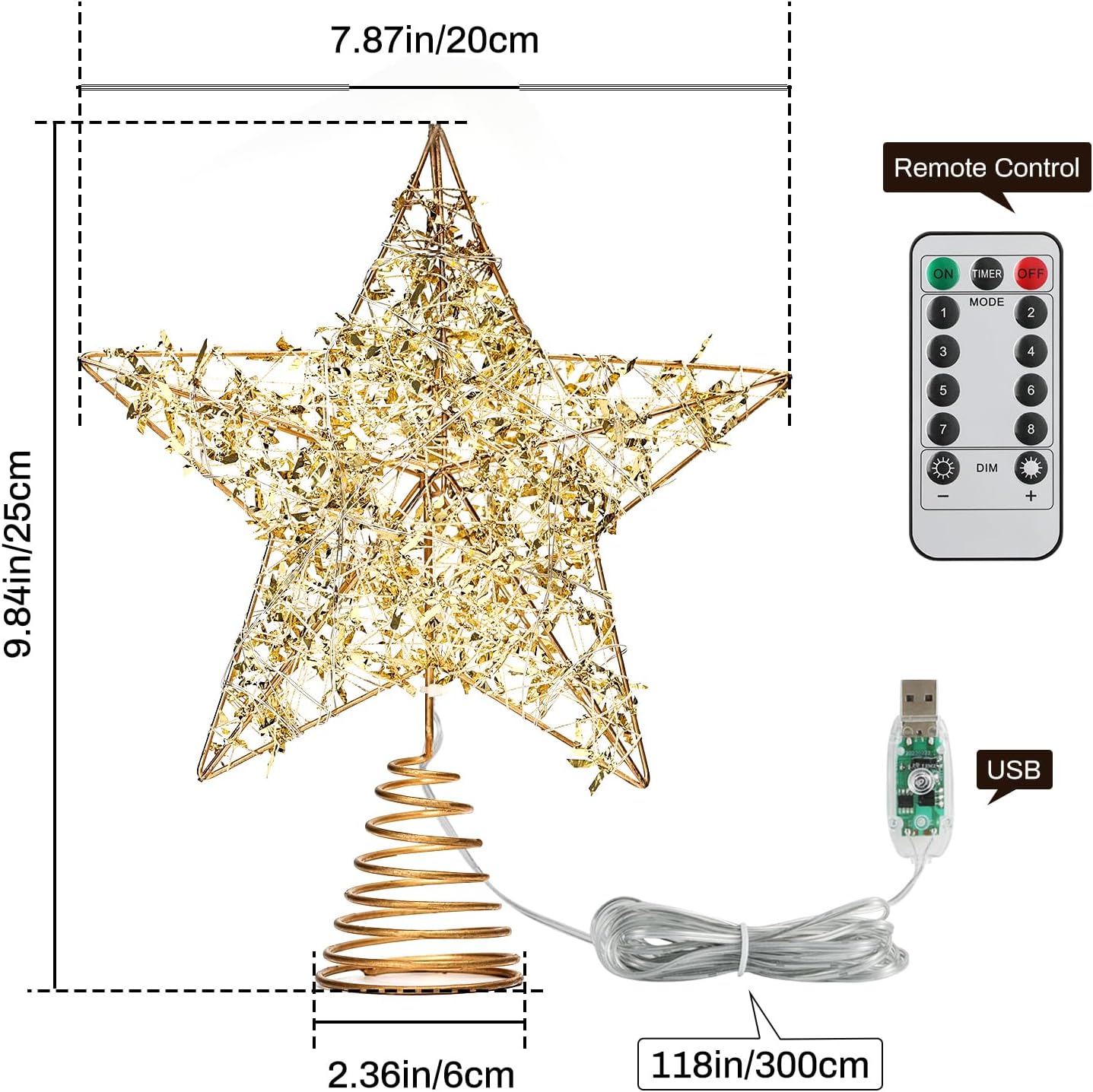 Roylvan Christmas Star Tree Topper with 8 Lighting Modes, USB Lighted Tree Topper with 20 LED Lights, Shiny Treetop Christmas Tree Decoration for Indoor Outdoor Holiday Home Ornament Gift, 9.8 Inch(H)