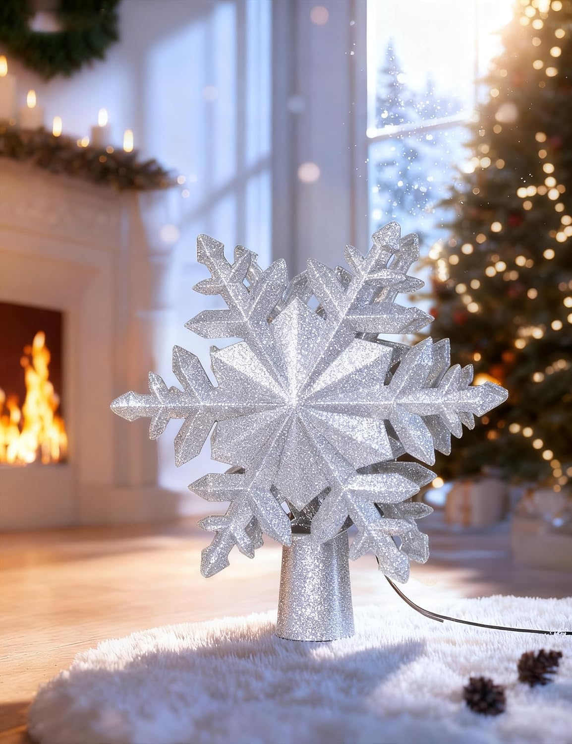 DG-Direct Christmas Tree Topper Lighted with Golden Snowflake Projector, Led Rotating Magic Snowflake, 3D Hollow Glitter Lighted Gold Snow Tree Topper for Christmas Tree Decorations