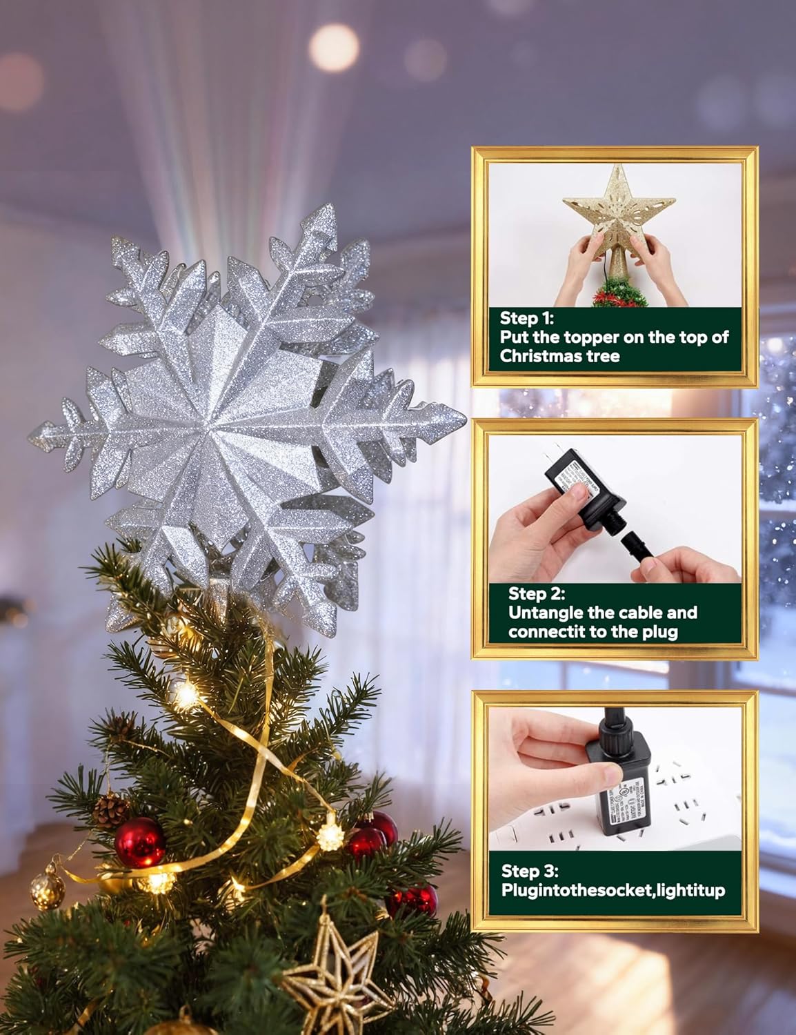 DG-Direct Christmas Tree Topper Lighted with Golden Snowflake Projector, Led Rotating Magic Snowflake, 3D Hollow Glitter Lighted Gold Snow Tree Topper for Christmas Tree Decorations