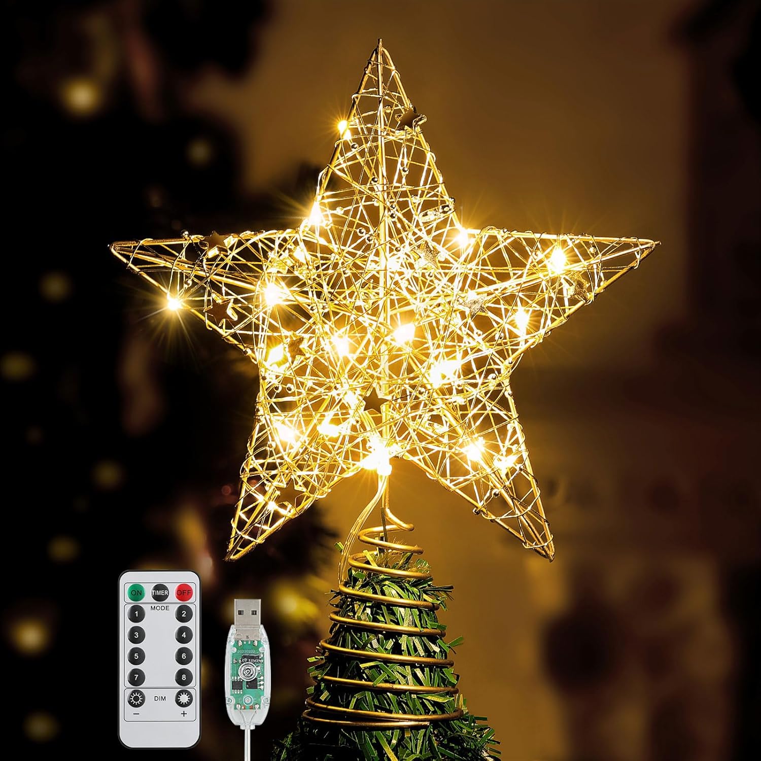 Roylvan Christmas Star Tree Topper with 8 Lighting Modes, USB Lighted Tree Topper with 20 LED Lights, Shiny Treetop Christmas Tree Decoration for Indoor Outdoor Holiday Home Ornament Gift, 9.8 Inch(H)