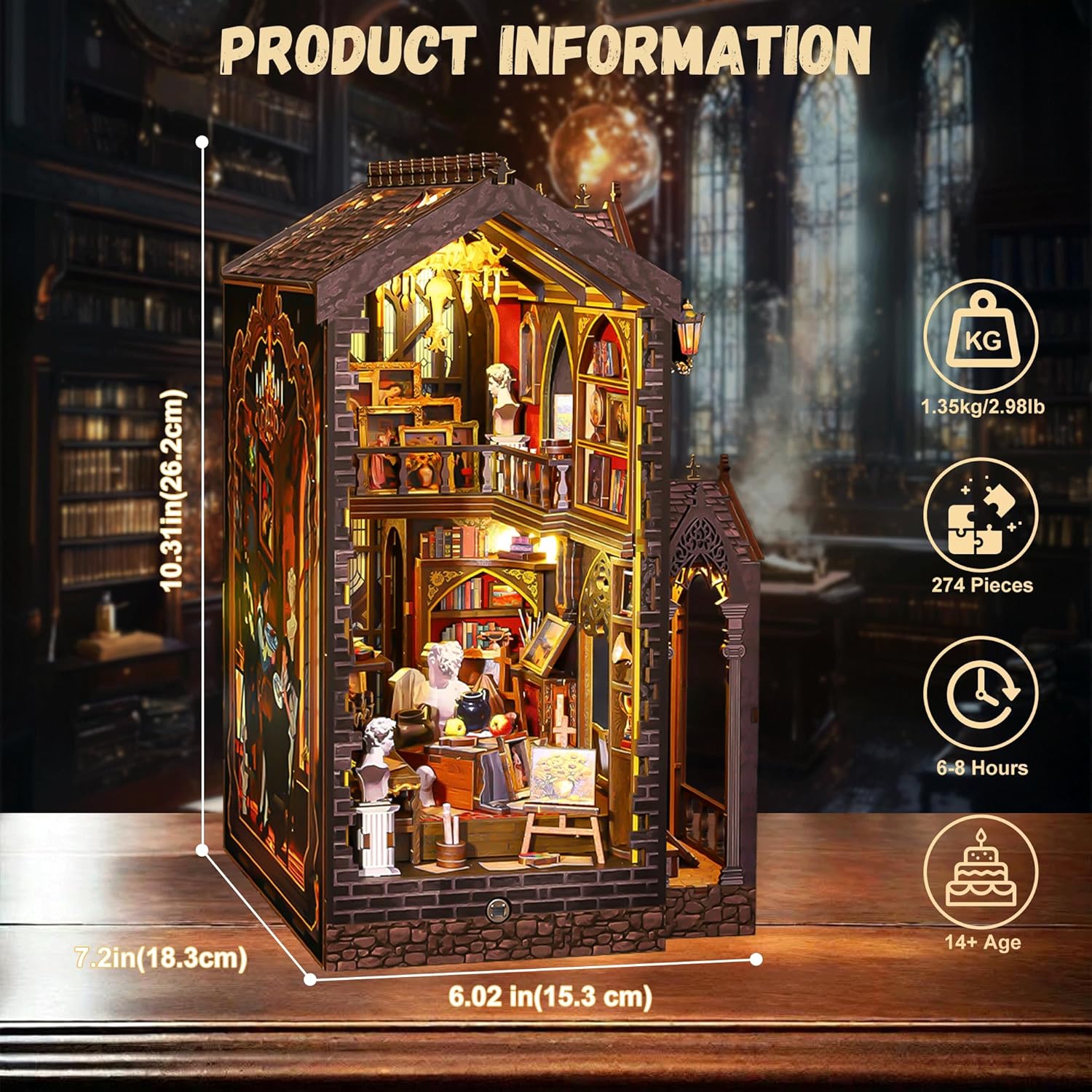 CRIOLPO Book Nook Kit - DIY Doll House Booknook, Book Nook Miniature Kit for Bookshelf Doll Houses for Adults Teen Halloween, 3D Wooden Puzzle Bookends with Sensor Led Light