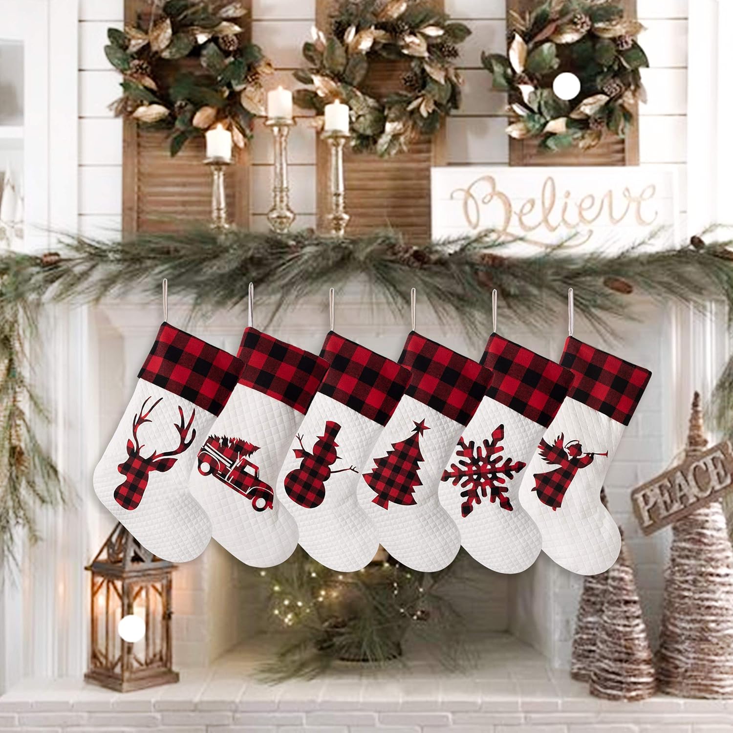 LUBOT Set of 8 Christmas Stocking(20inch) Silhouette Buffalo Red Plaid/Rustic/Farmhouse/Country Cotton Fireplace Hanging Xmas Stockings Decorations for Family Holiday Season Decor