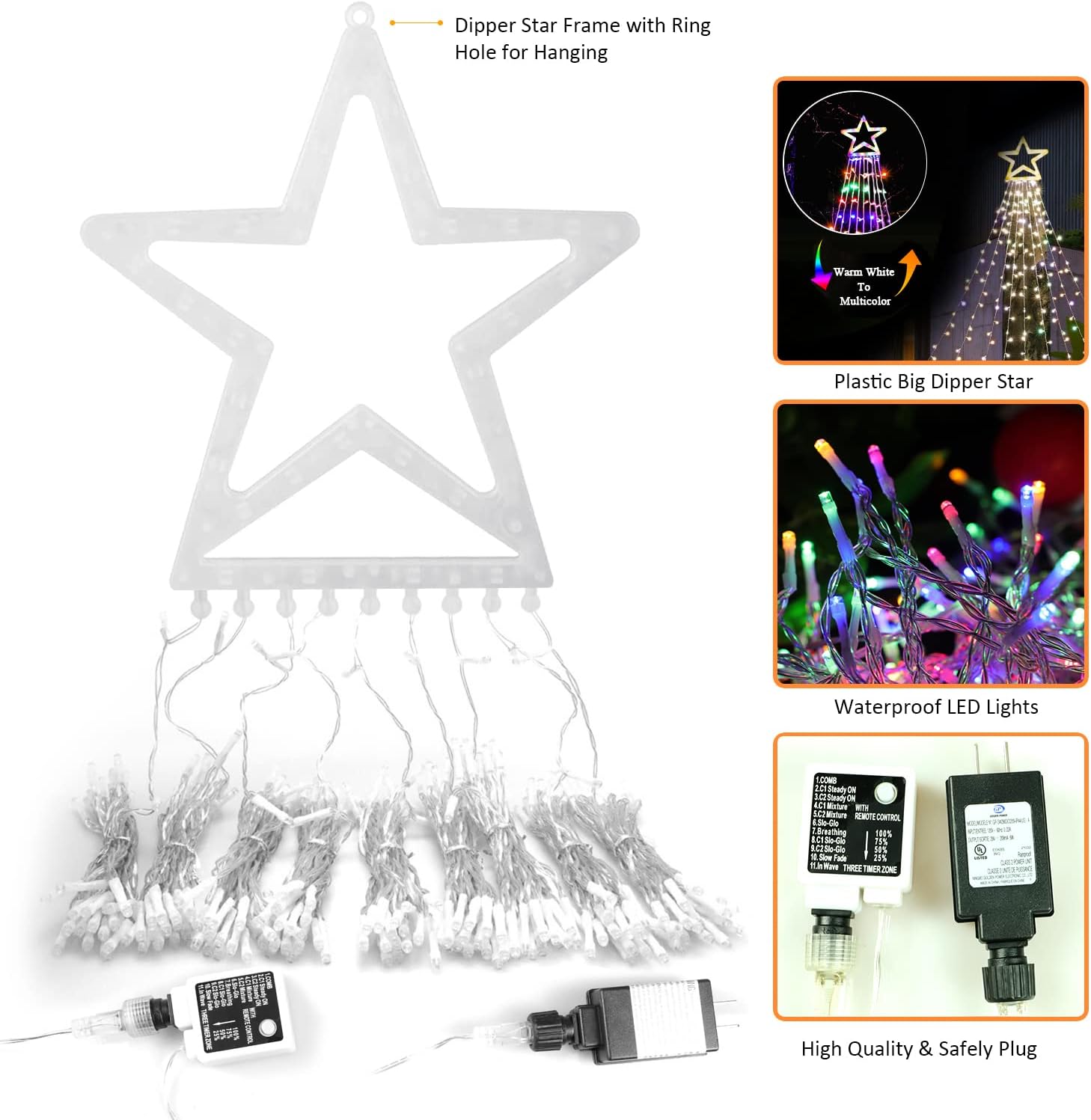 PUHONG Christmas Lights, Decorations Star Lights, 320 LED Christmas Tree Lights Outdoor, 16.4Ft String Lights, 8 Light Modes with 12 Lighted Star for Xmas New Year (Iron-Multicolor)