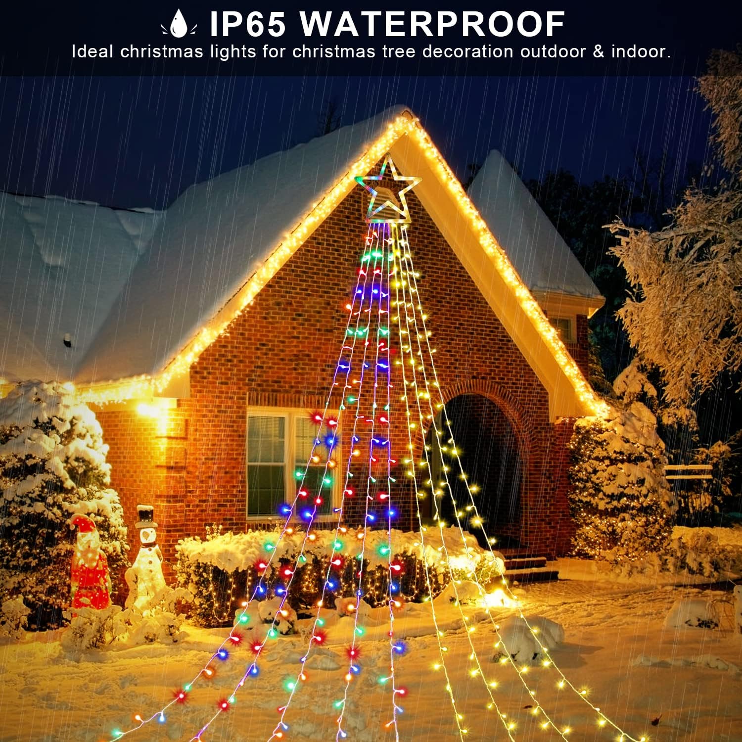 PUHONG Christmas Lights, Decorations Star Lights, 320 LED Christmas Tree Lights Outdoor, 16.4Ft String Lights, 8 Light Modes with 12 Lighted Star for Xmas New Year (Iron-Multicolor)