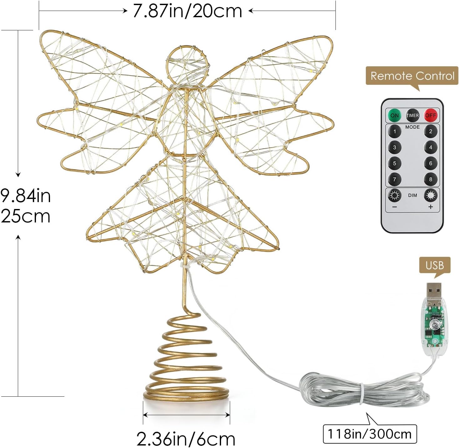 Roylvan Christmas Star Tree Topper with 8 Lighting Modes, USB Lighted Tree Topper with 20 LED Lights, Shiny Treetop Christmas Tree Decoration for Indoor Outdoor Holiday Home Ornament Gift, 9.8 Inch(H)
