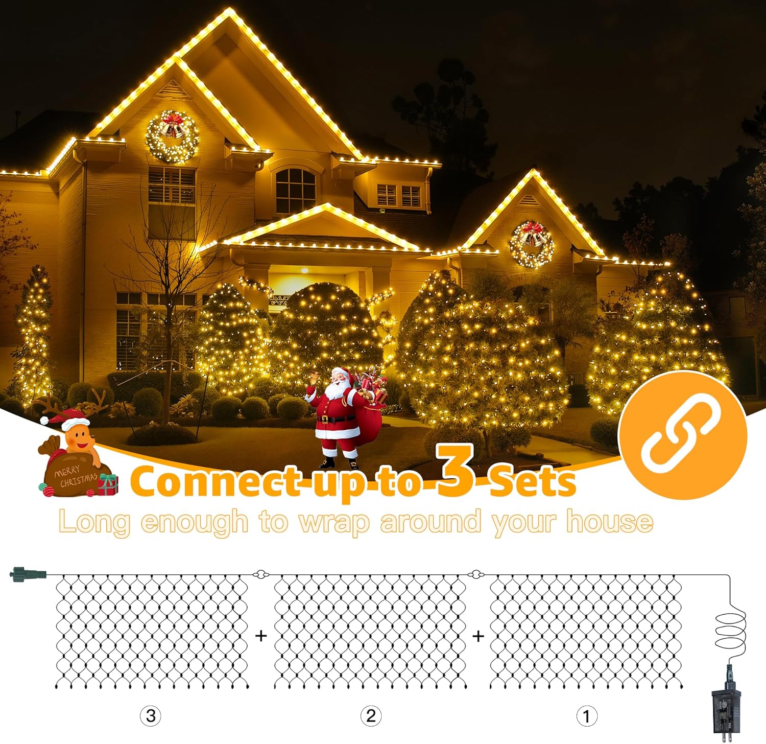 Ollny Net Lights Outdoor Mesh Light 10x7ft, 210LED Clear Wire Connectable Christmas Net Lights with 8 Modes, IP67 Waterproof Bush Light for Tree Wall Ceiling Outside Decorations, Warm White