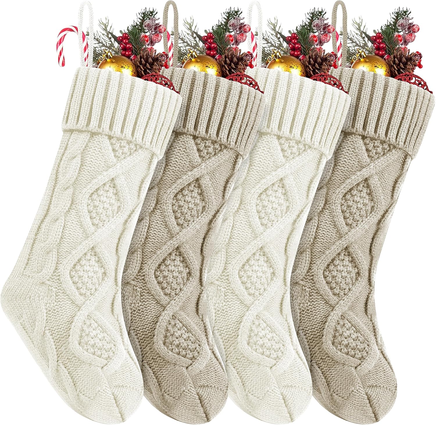 Fesciory 4 Pack Christmas Stockings 18 Inches Large Size Cable Knitted Stocking Gifts & Decorations for Family Holiday Xmas Party, Ivory White