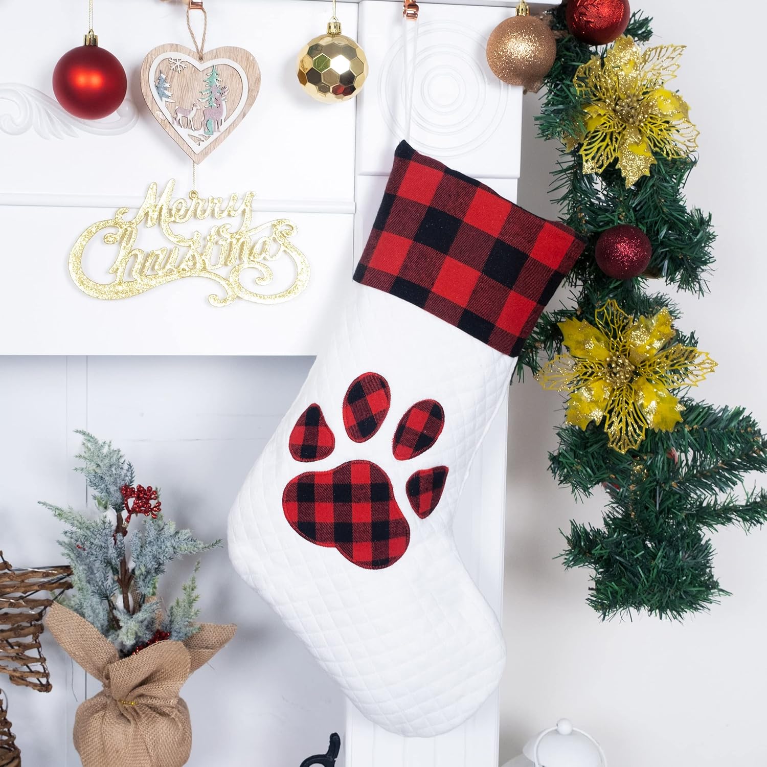 LUBOT Set of 8 Christmas Stocking(20inch) Silhouette Buffalo Red Plaid/Rustic/Farmhouse/Country Cotton Fireplace Hanging Xmas Stockings Decorations for Family Holiday Season Decor