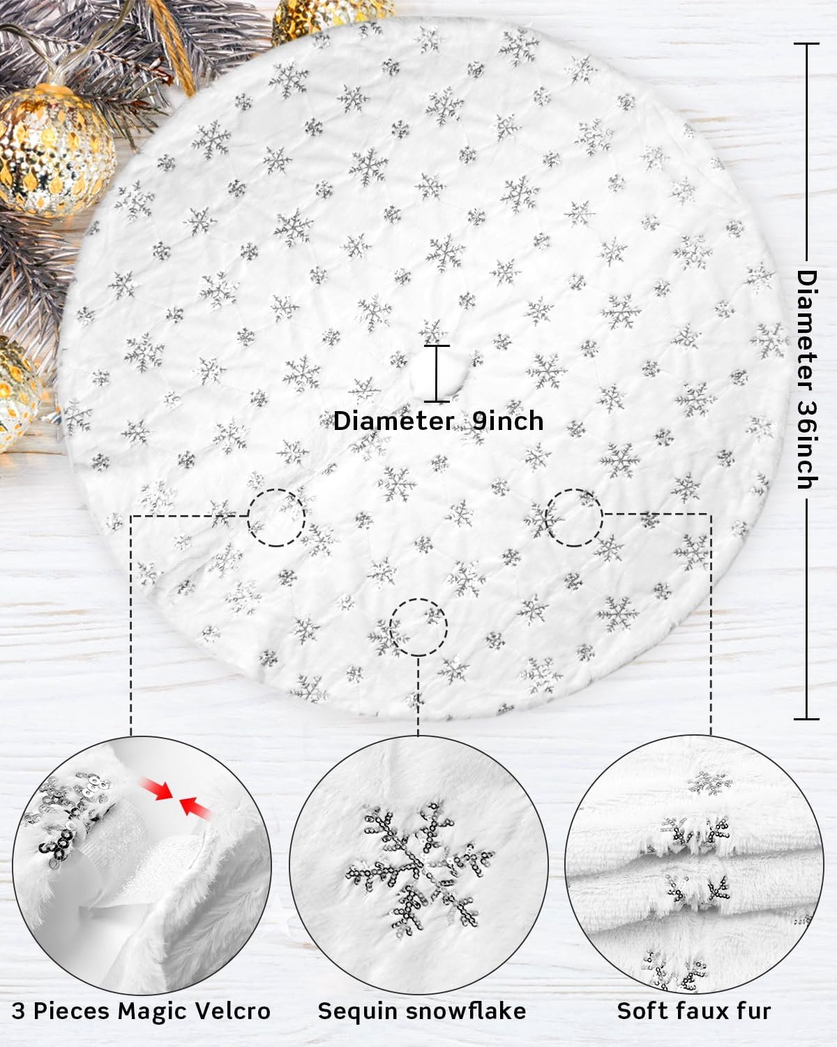 48 Inches Faux Fur Christmas Tree Skirt for Xmas Tree Holiday Party Decorations White Plush Silver Sequin Snowflake (Silver)