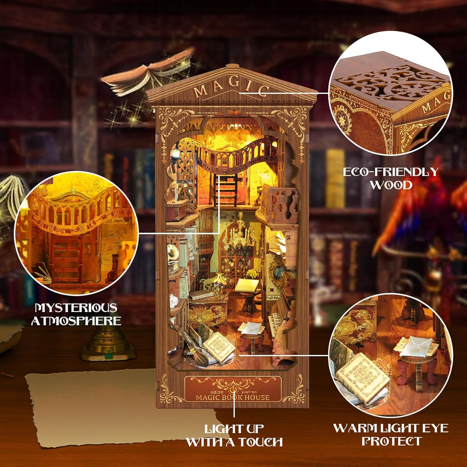 CRIOLPO Book Nook Kit - DIY Doll House Booknook, Book Nook Miniature Kit for Bookshelf Doll Houses for Adults Teen Halloween, 3D Wooden Puzzle Bookends with Sensor Led Light