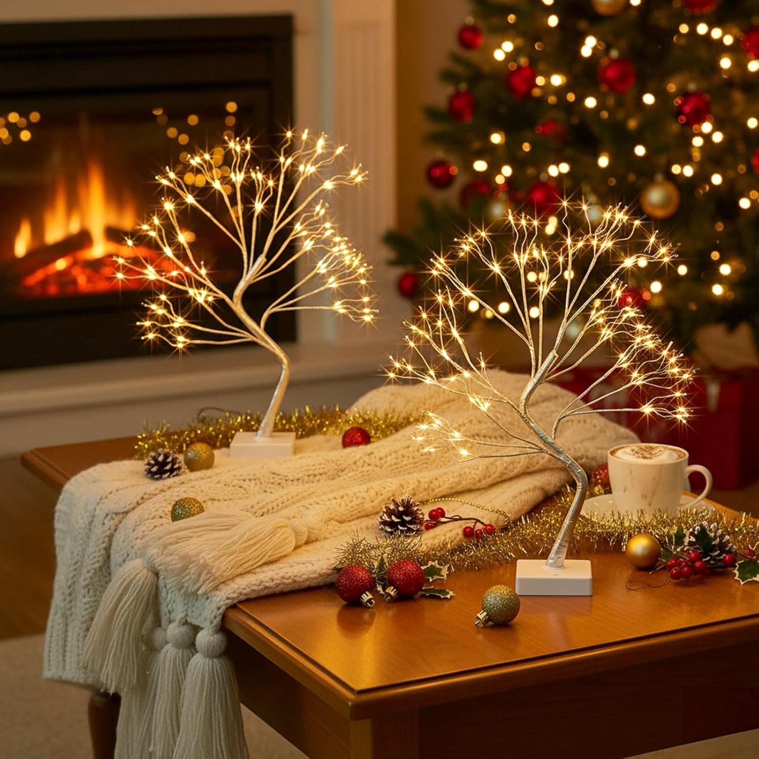 EAMBRITE Home Decorations Light Up White Birch Tree Indoor Christmas Decor, 4 Pack Battery Operated/USB Lighted Tabletop Money Tree Lamp Led Lights Xmas Wedding Centerpiece Table Room (2 Ft)