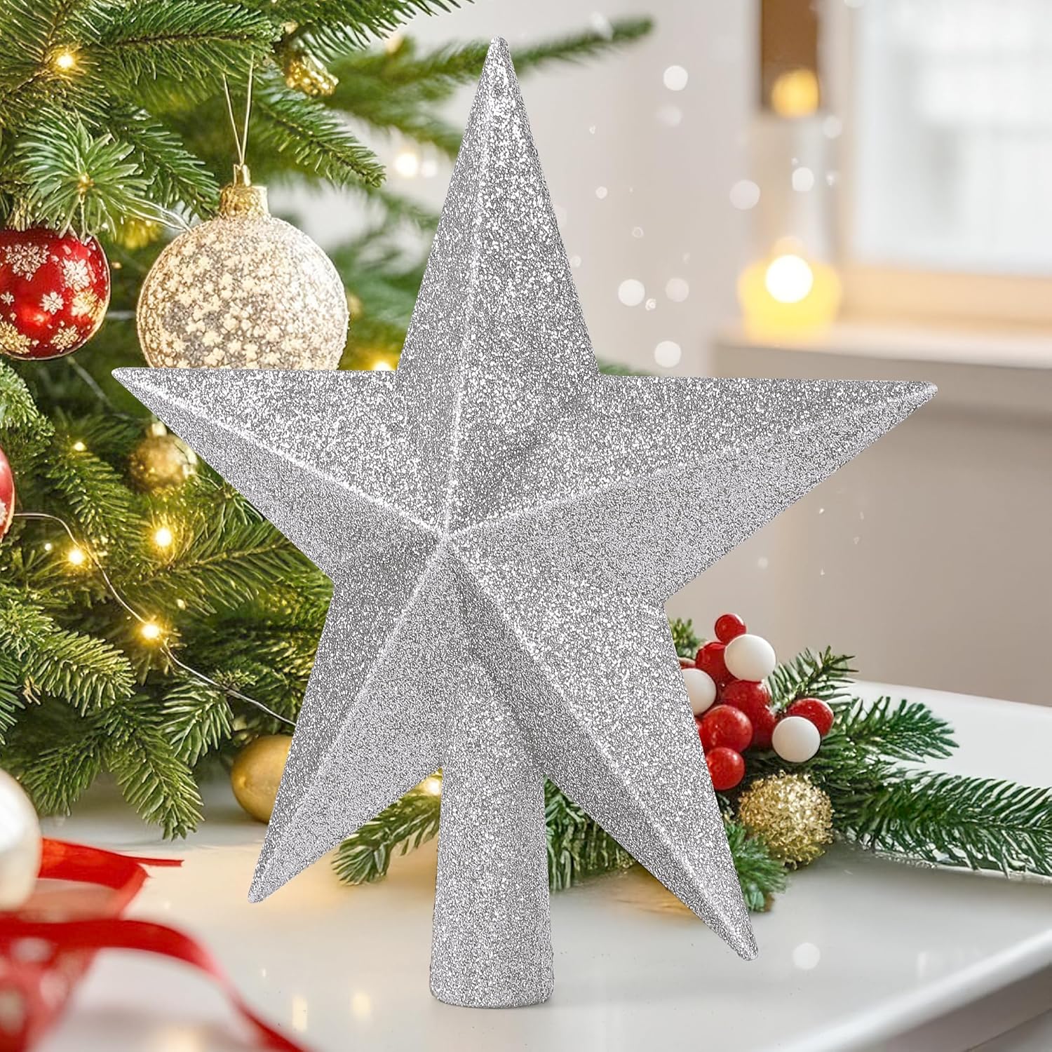 Christmas Tree Star Topper, 8 Gold Xmas Star Tree Decorations, 3D Shatterproof Bethlehem Star Tree Topper Decorations, Waterproof Christmas Tree Topper Decor for Holiday Home Outdoor Ornament