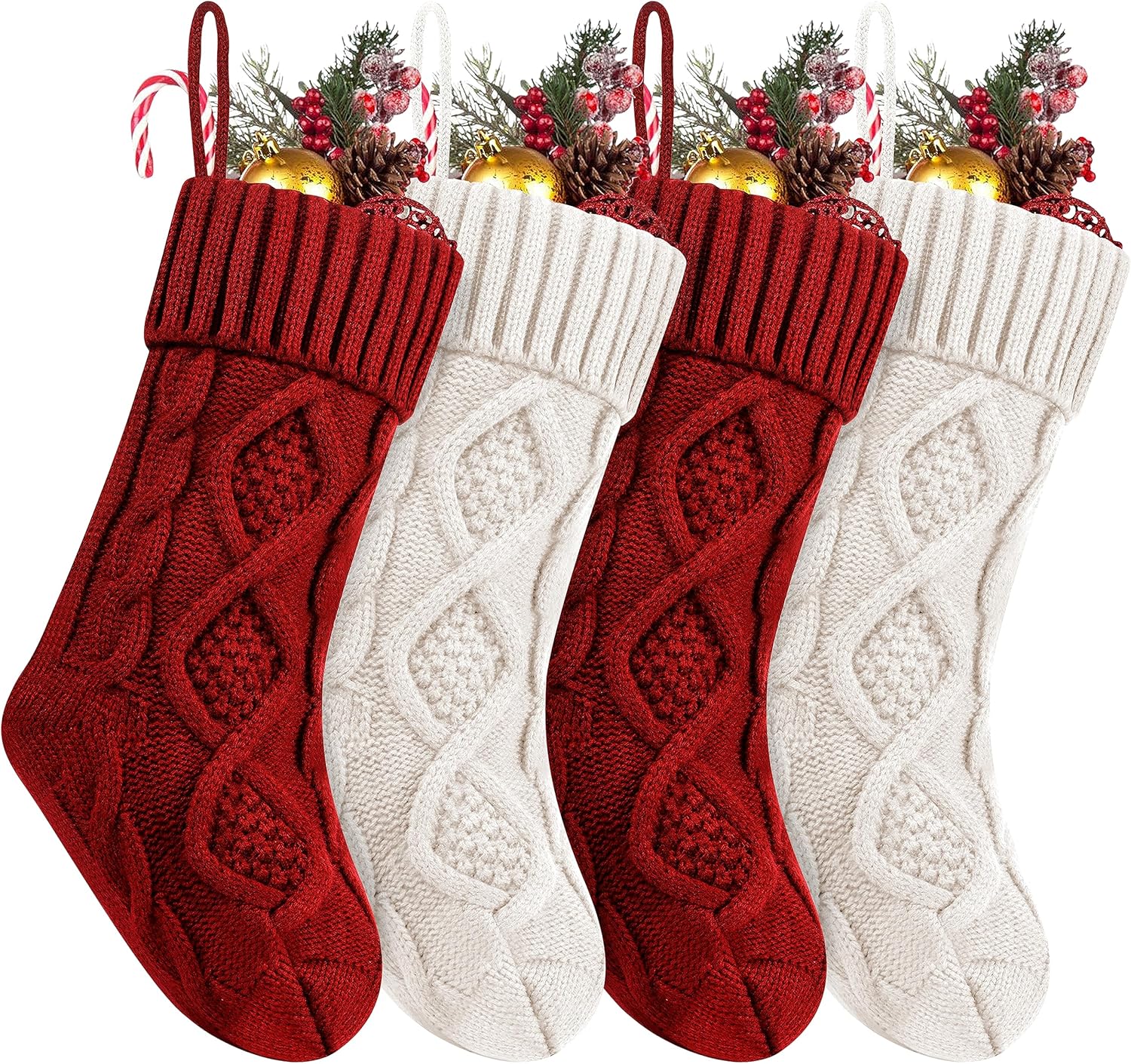 Fesciory 4 Pack Christmas Stockings 18 Inches Large Size Cable Knitted Stocking Gifts & Decorations for Family Holiday Xmas Party, Ivory White