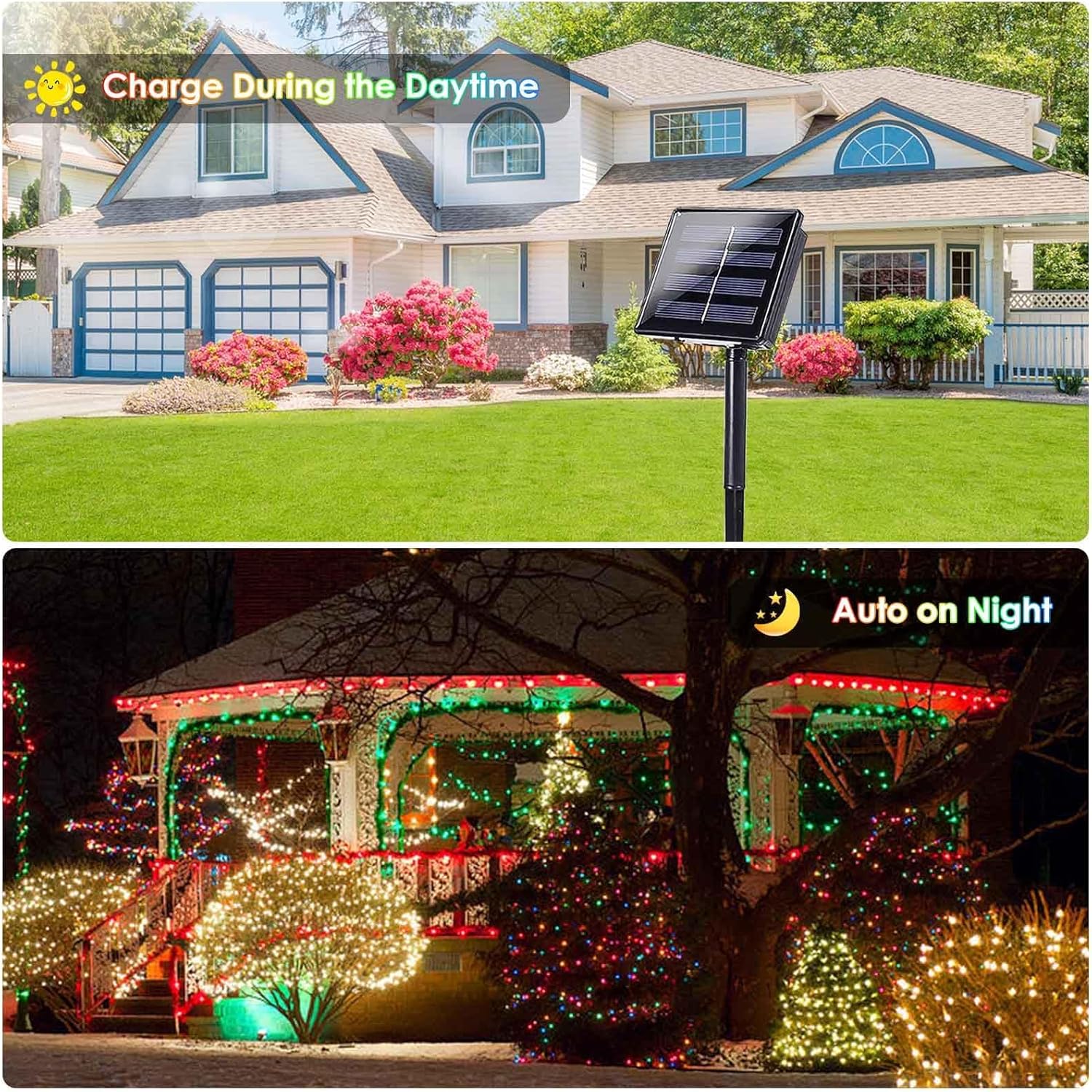 2 Pack 200 LED Solar Christmas Lights Outdoor, Solar String Lights for Outside with 8 Lighting Modes, Waterproof Green Wire Solar Powered Tree Light for Xmas Party Yard Garden Decorations (Multicolor)