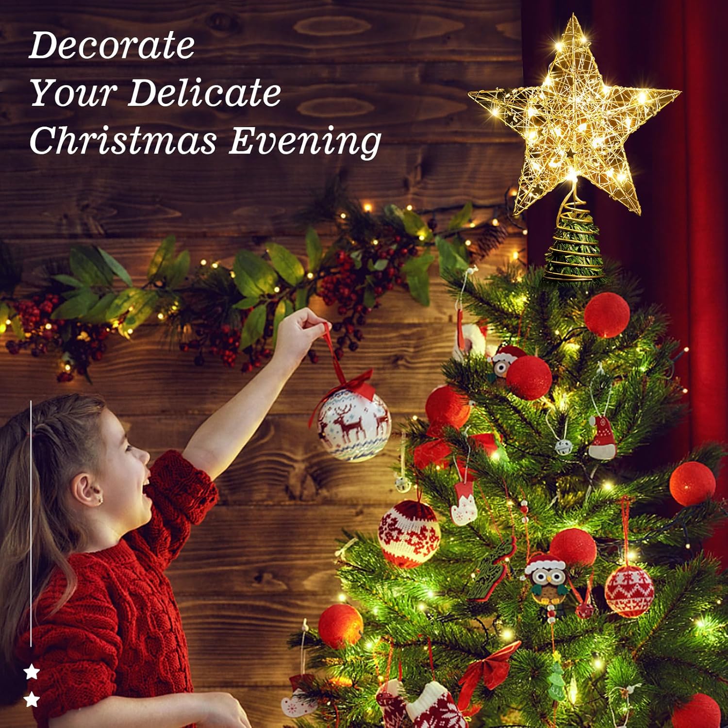 Roylvan Christmas Star Tree Topper with 8 Lighting Modes, USB Lighted Tree Topper with 20 LED Lights, Shiny Treetop Christmas Tree Decoration for Indoor Outdoor Holiday Home Ornament Gift, 9.8 Inch(H)