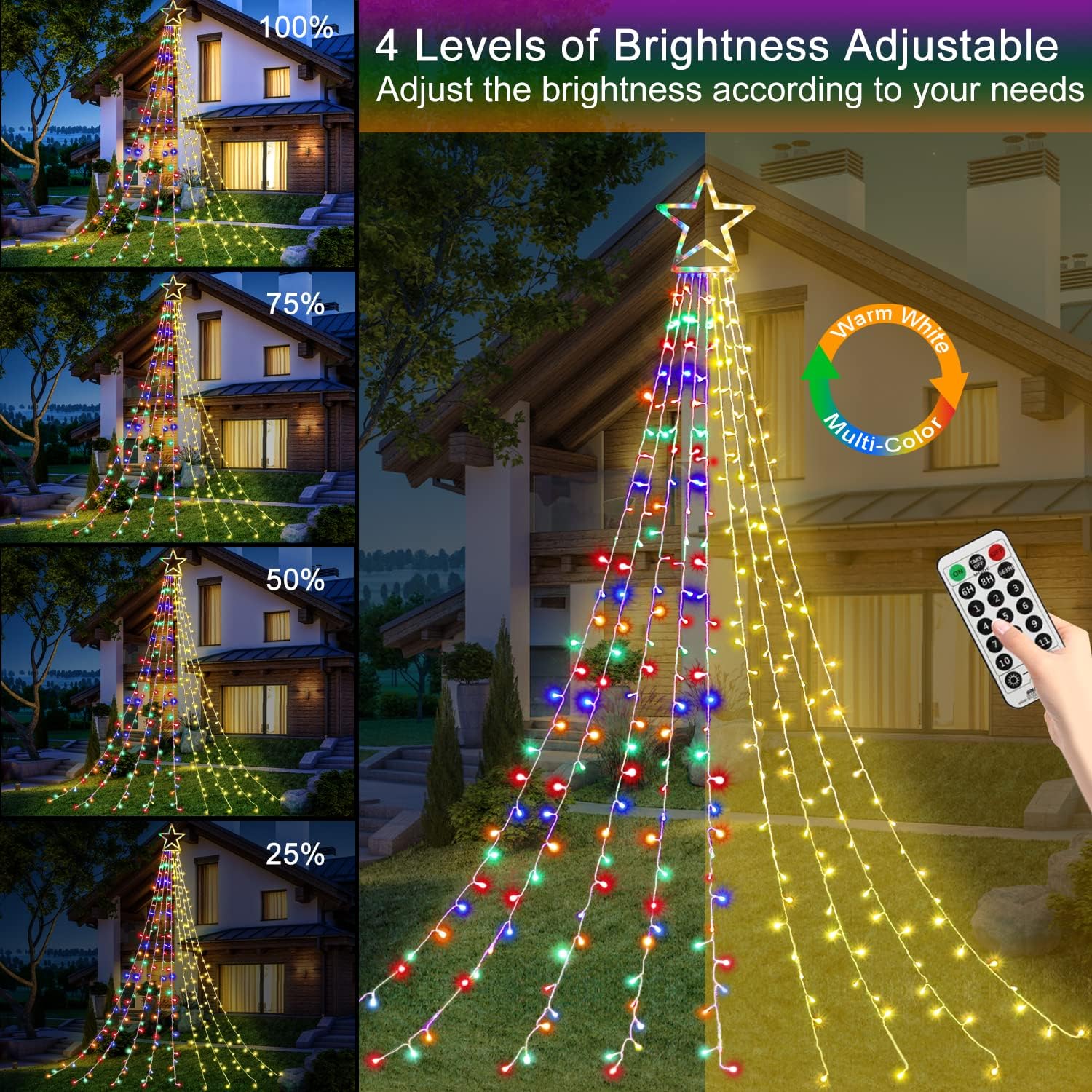 PUHONG Christmas Lights, Decorations Star Lights, 320 LED Christmas Tree Lights Outdoor, 16.4Ft String Lights, 8 Light Modes with 12 Lighted Star for Xmas New Year (Iron-Multicolor)