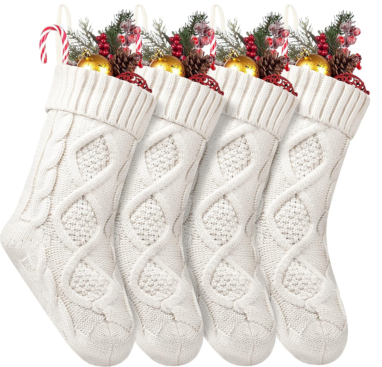 Fesciory 4 Pack Christmas Stockings 18 Inches Large Size Cable Knitted Stocking Gifts & Decorations for Family Holiday Xmas Party, Ivory White