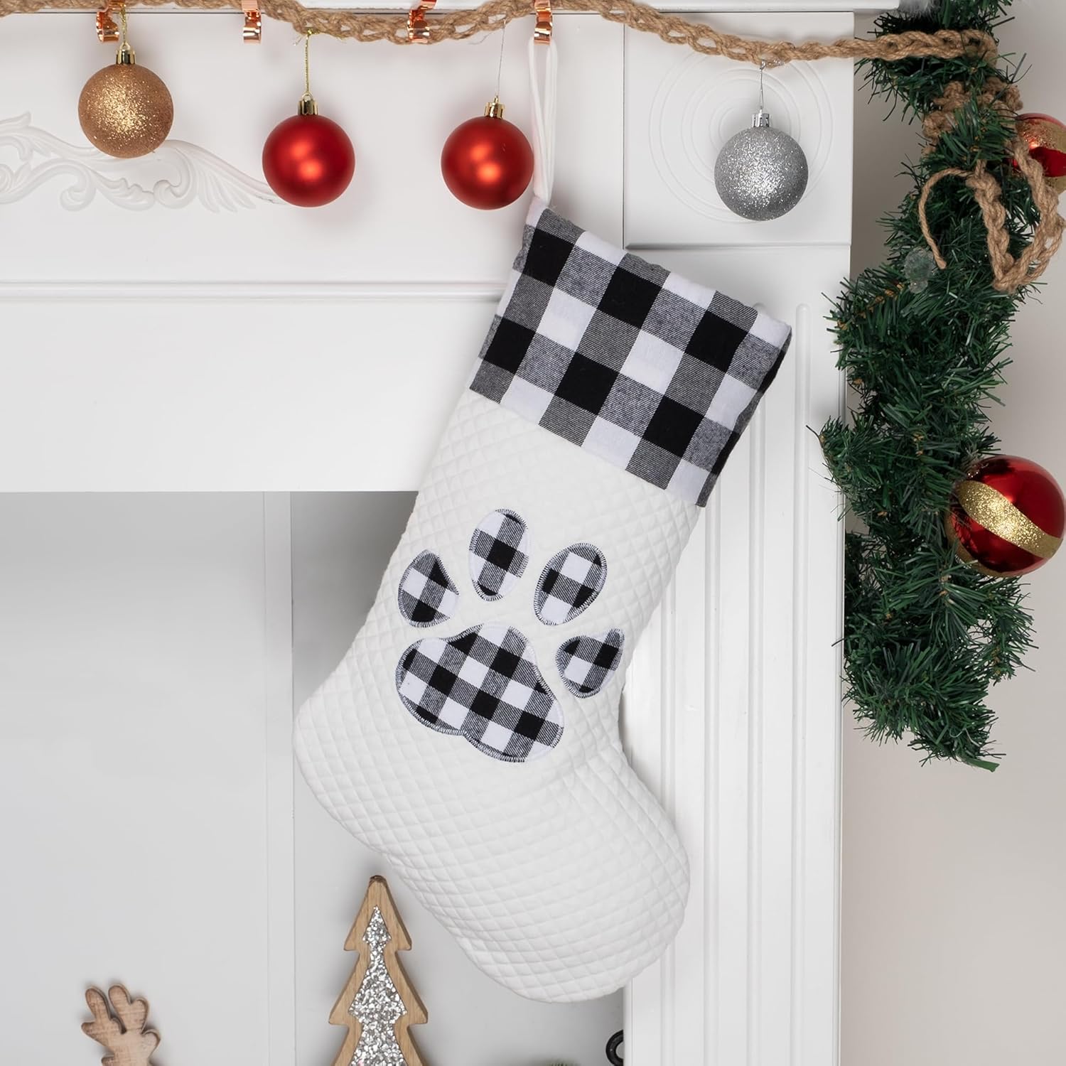 LUBOT Set of 8 Christmas Stocking(20inch) Silhouette Buffalo Red Plaid/Rustic/Farmhouse/Country Cotton Fireplace Hanging Xmas Stockings Decorations for Family Holiday Season Decor