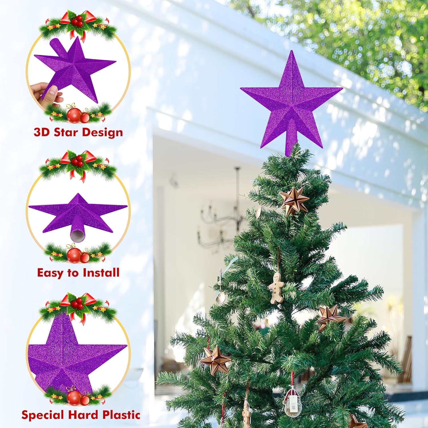 Christmas Tree Star Topper, 8 Gold Xmas Star Tree Decorations, 3D Shatterproof Bethlehem Star Tree Topper Decorations, Waterproof Christmas Tree Topper Decor for Holiday Home Outdoor Ornament