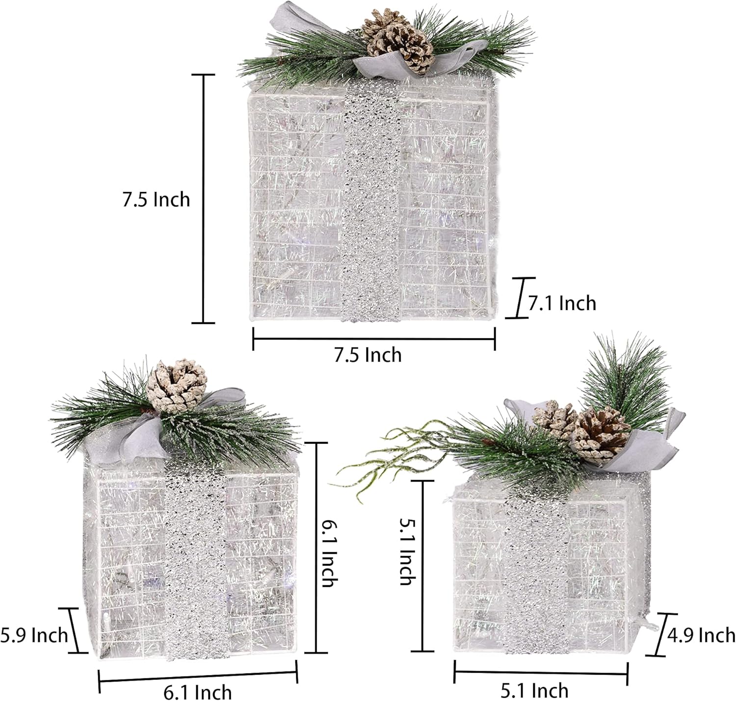 Hourleey Set of 3 Christmas Lighted Gift Boxes, Pre-lit 60 LED Light Up Present Boxes Ornament Outdoor Warm White Tinsel Boxes Decoration for Indoor Christmas Home Yard Lawn Decor